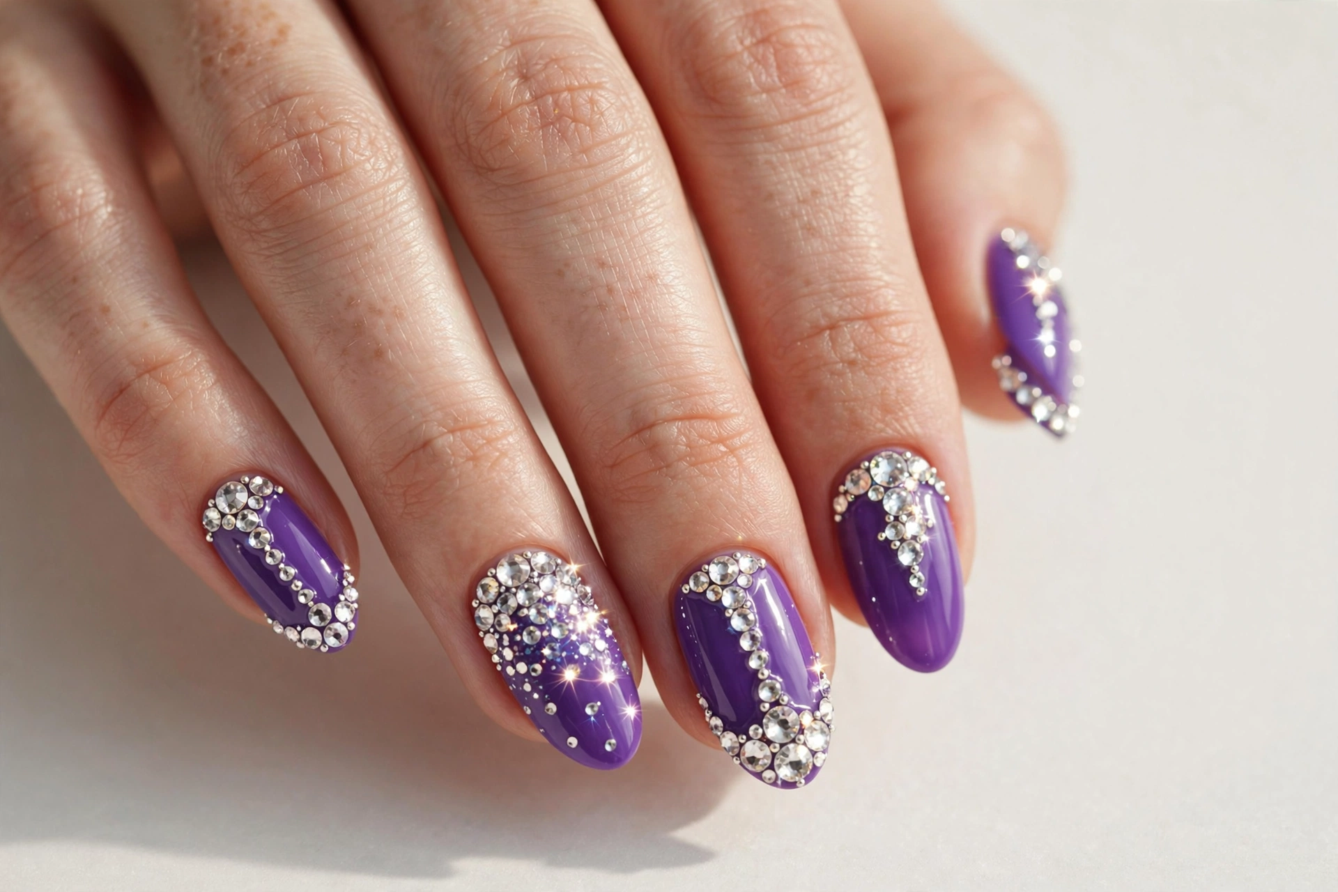 Purple nails with crystal rhinestones