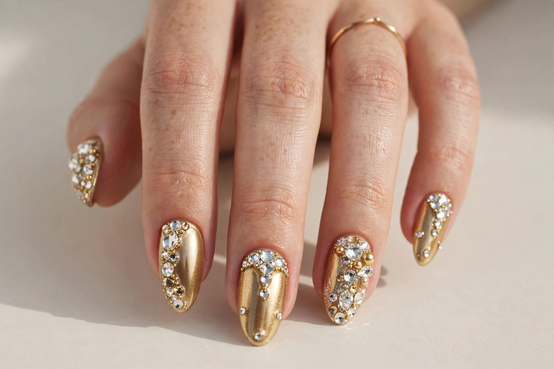 Gold nails with crystal rhinestones