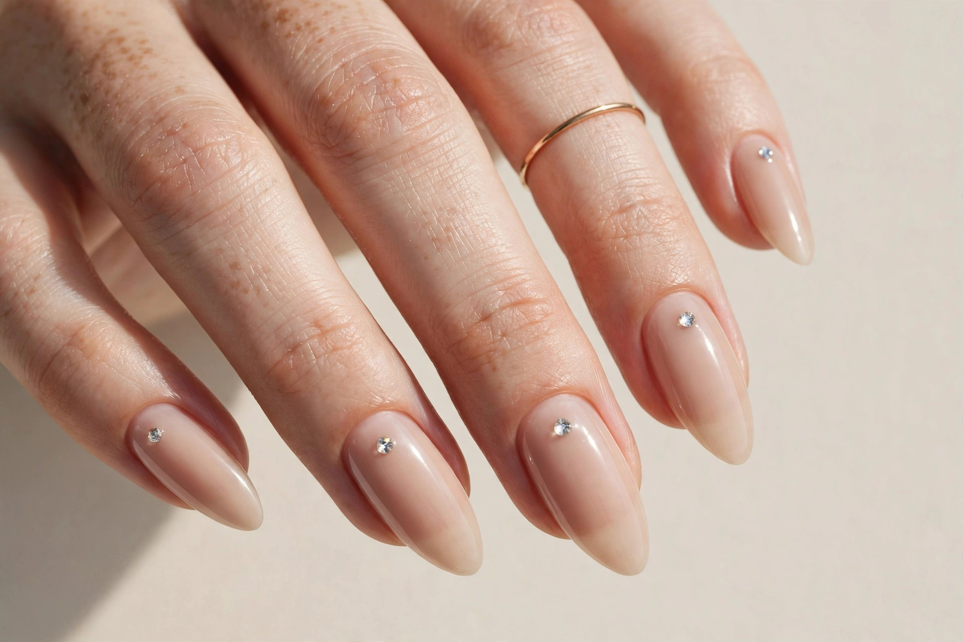 Nude nails with single crystal minimalist