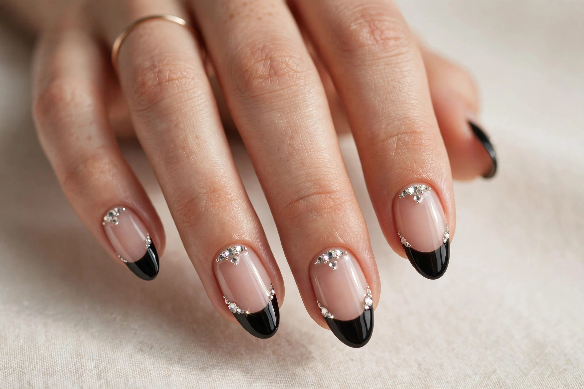 Black French tip nails with crystals