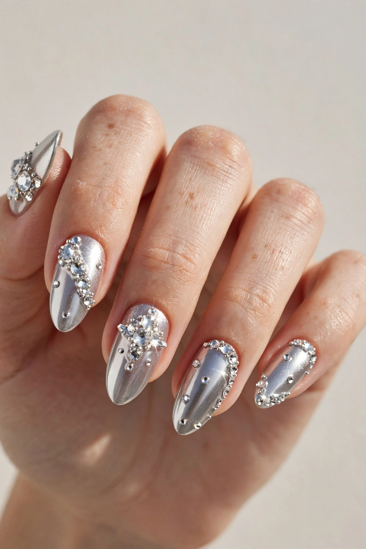 Silver nails with crystal rhinestones