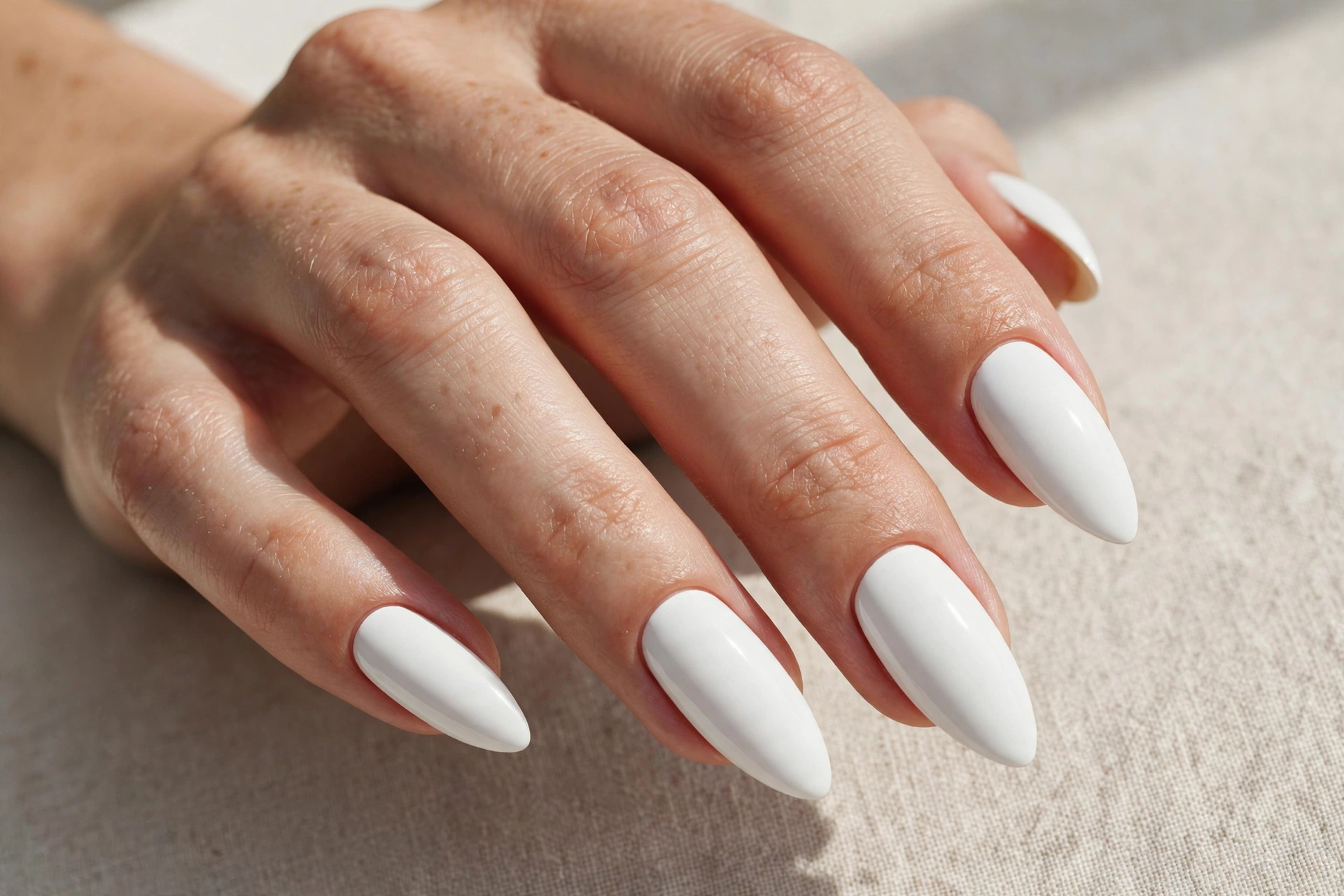 Classic solid white polish on long russian almond shaped nails