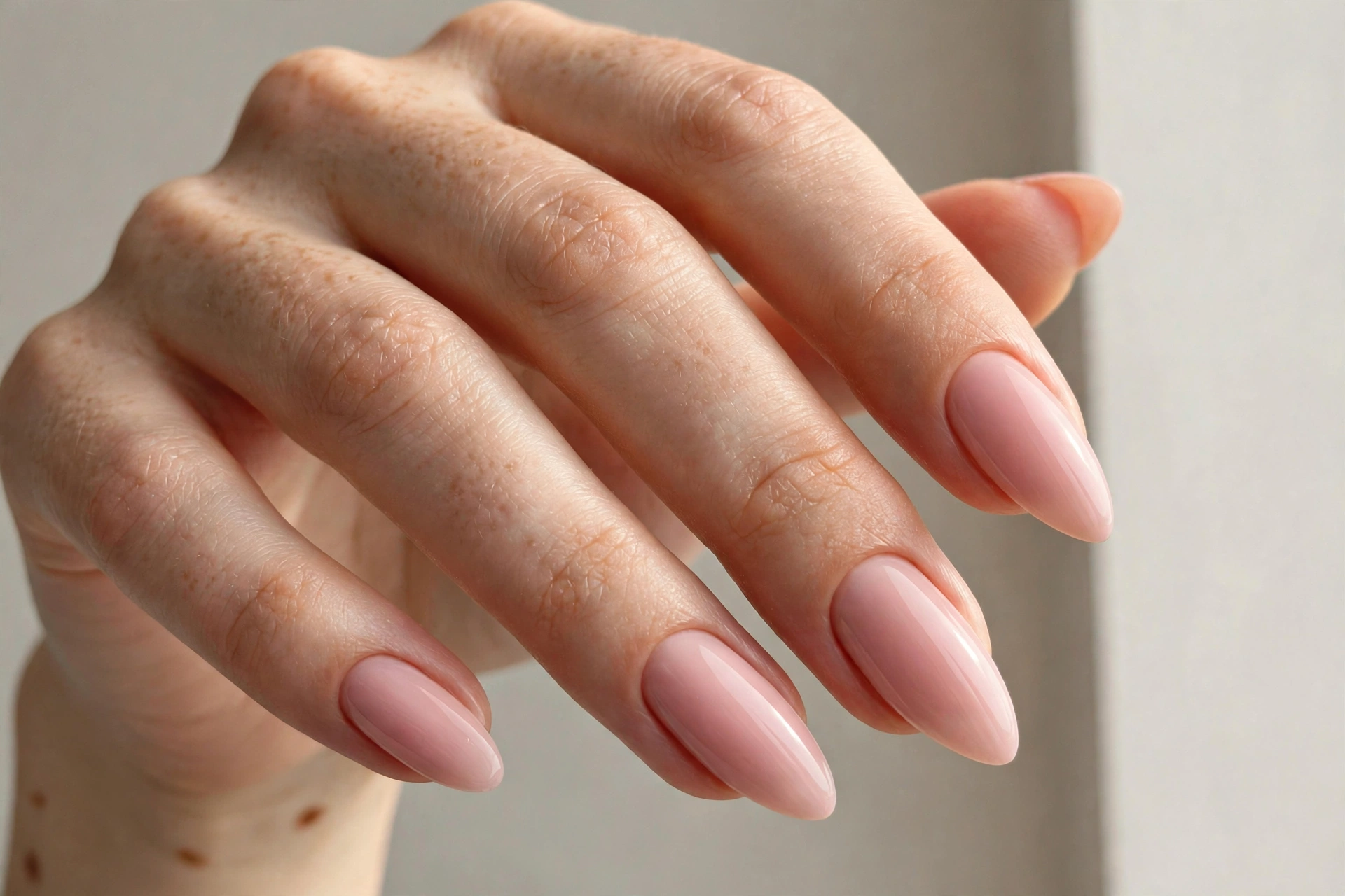 Soft blush pink polish on russian almond shaped nails