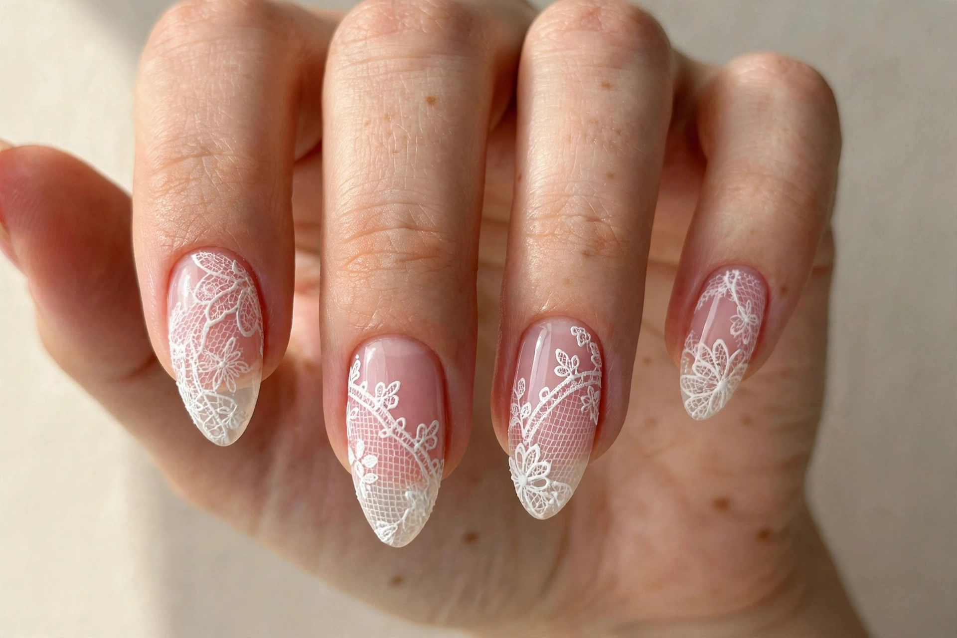 Delicate white lace nail art over sheer pink base on russian almond nails