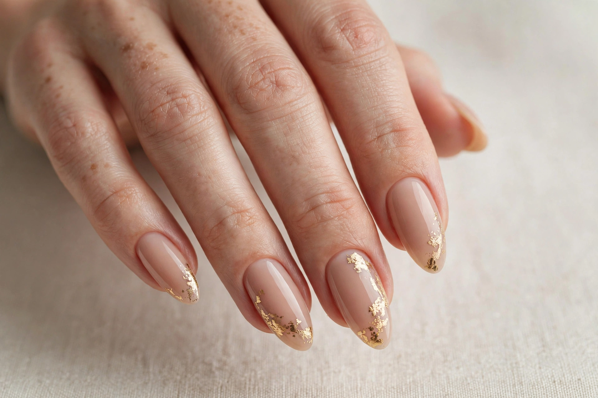 Nude russian almond nails with delicate gold foil accents