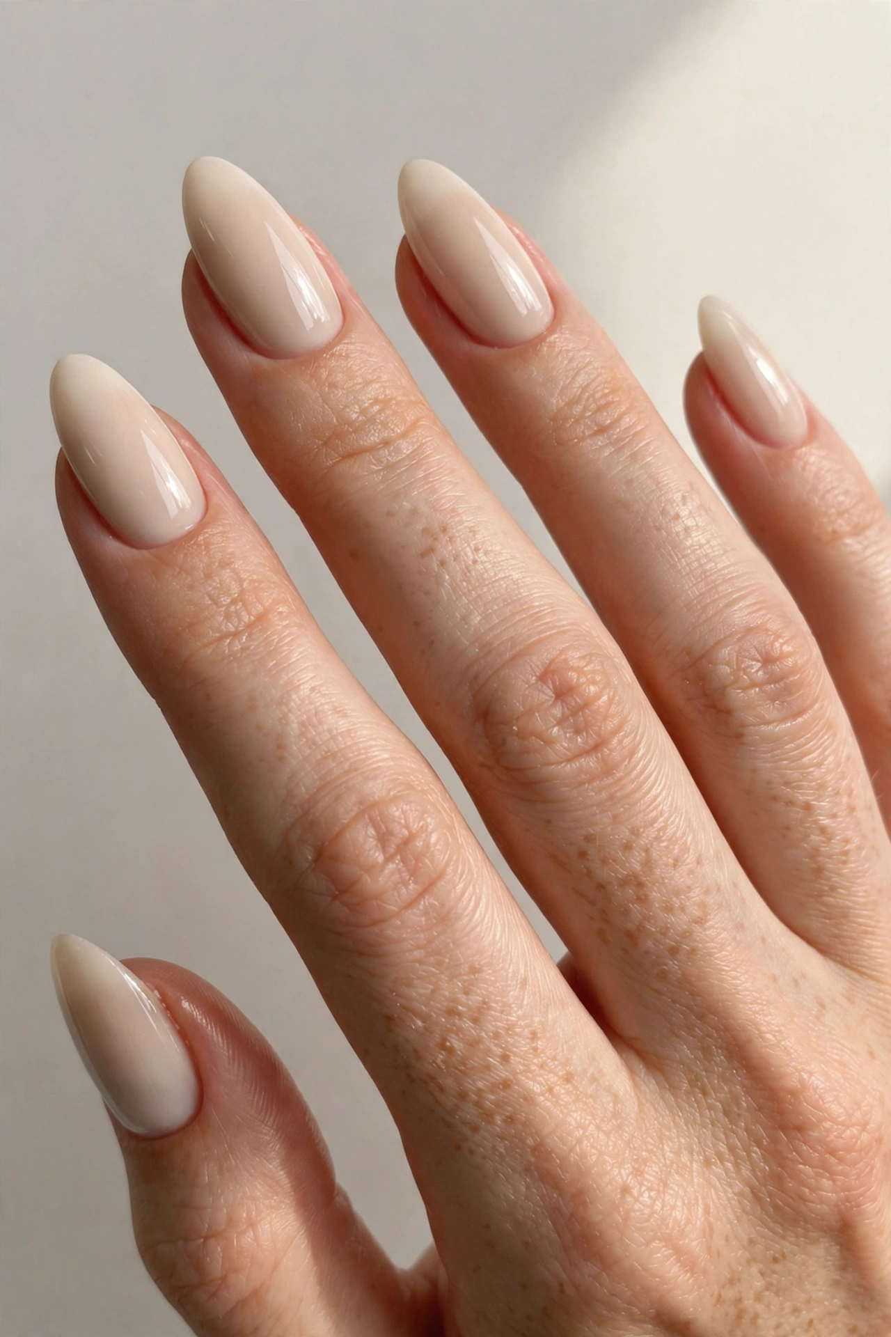 Milky nude beige glossy manicure on russian almond shaped nails