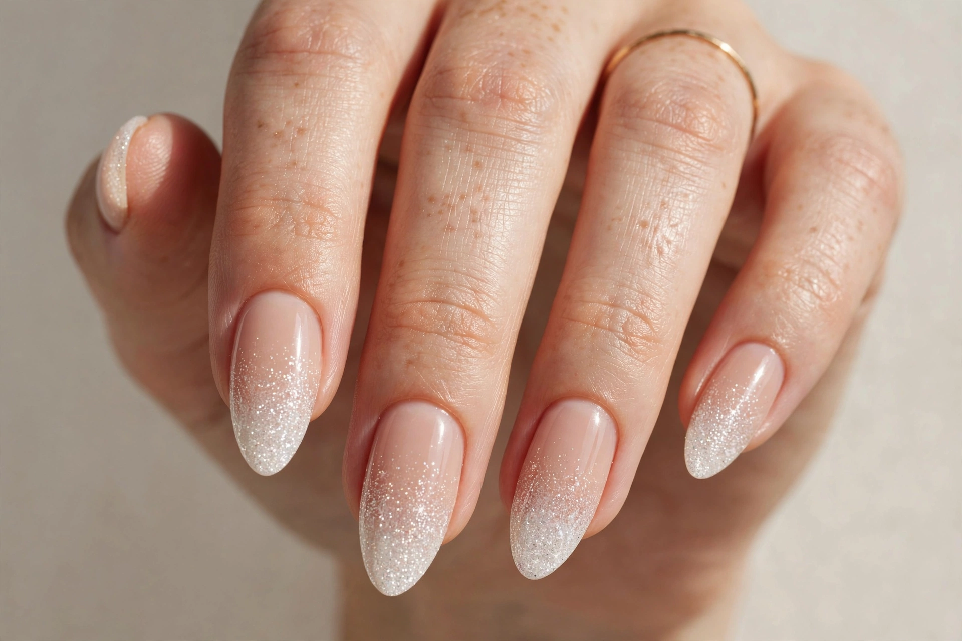 Bridal glitter ombre fading from nude to white glitter tips on russian almond nails