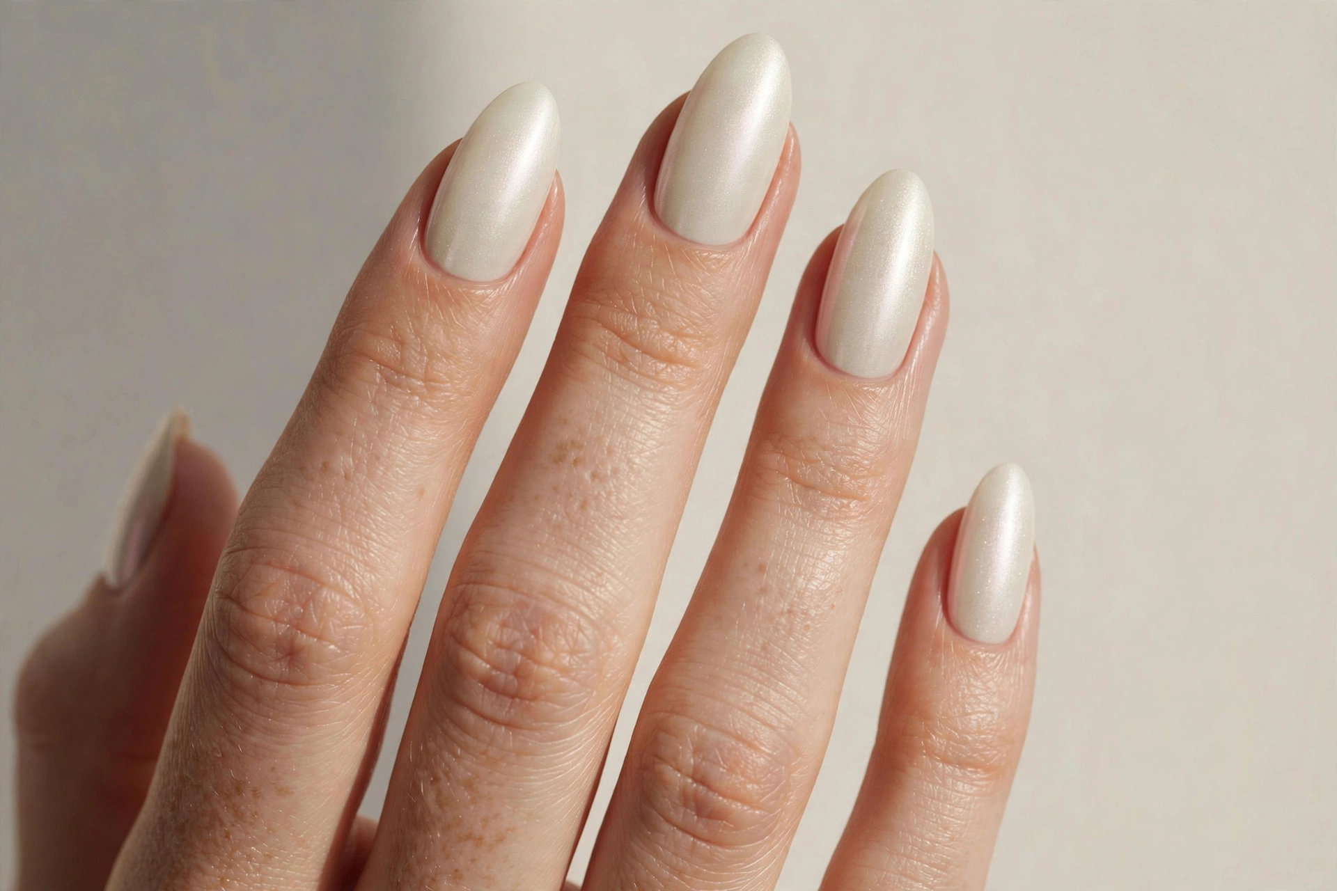 Ivory silk manicure with subtle pearlescent shimmer on russian almond nails