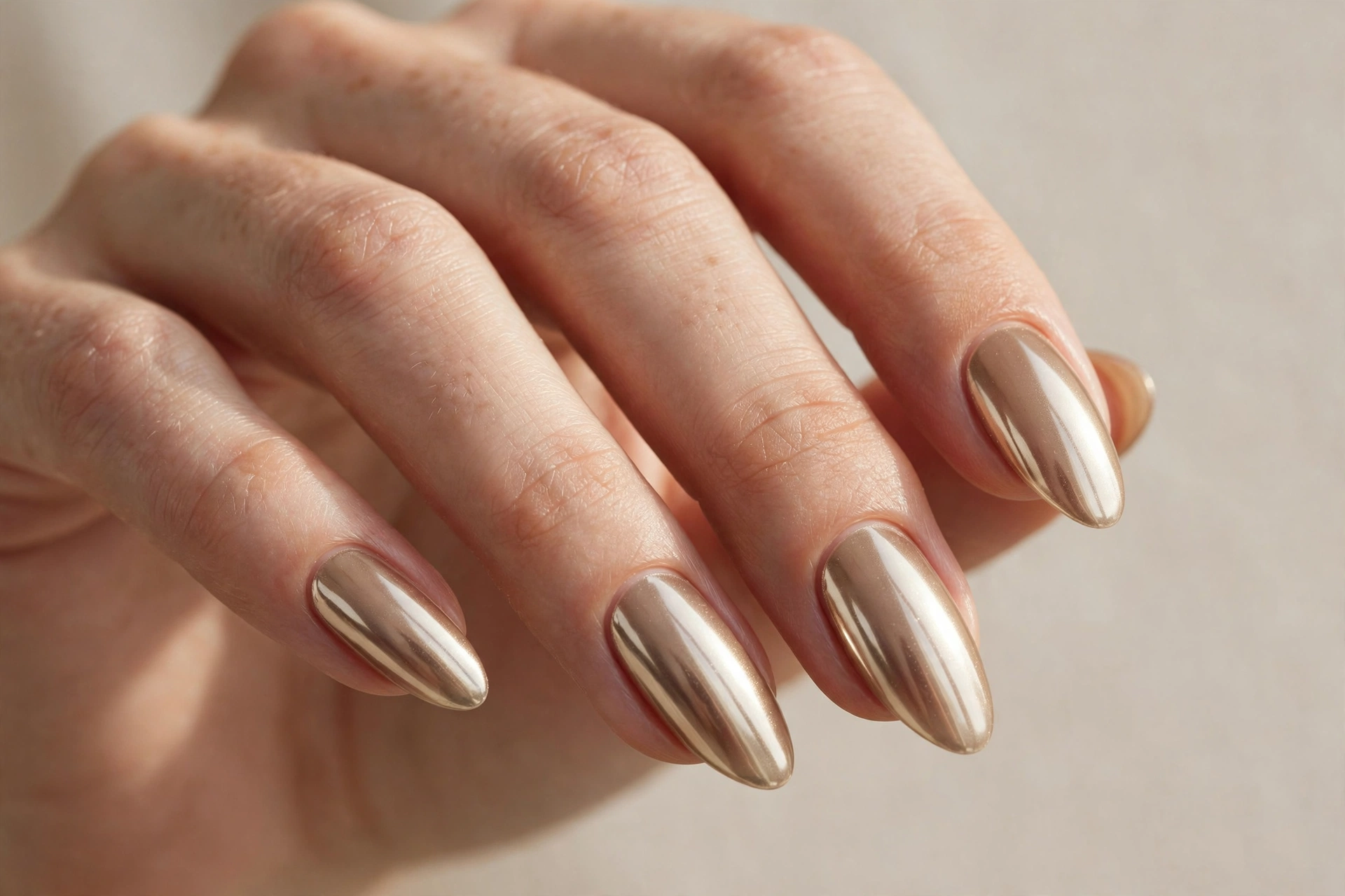 Champagne chrome mirror-shine manicure on russian almond shaped nails