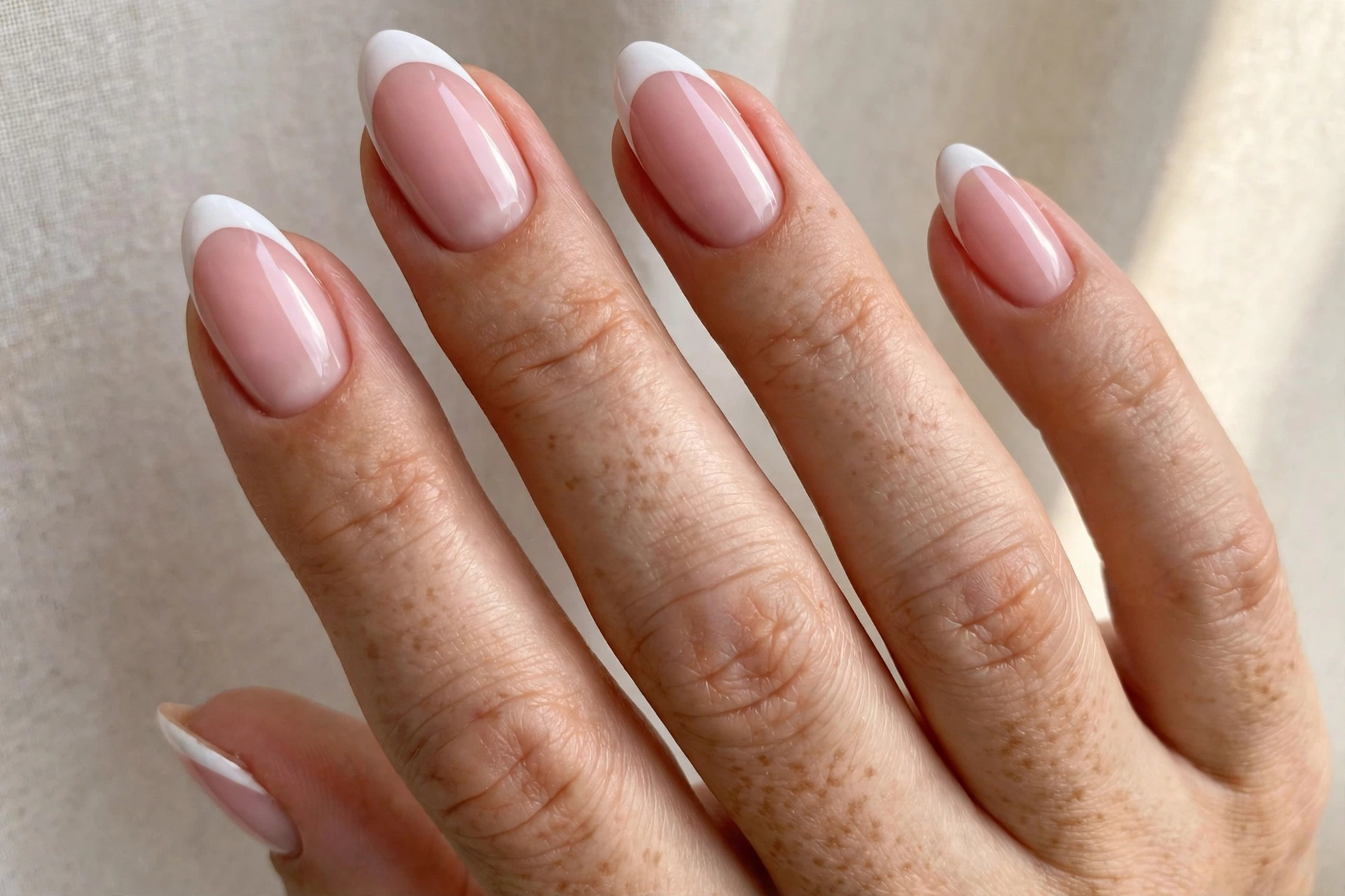 Soft pink french tip manicure with crisp white smile lines on russian almond nails