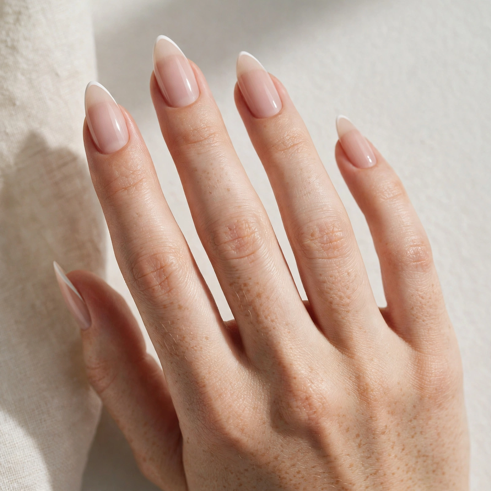 Minimalist micro french with ultra-thin white tips on sheer nude russian almond nails