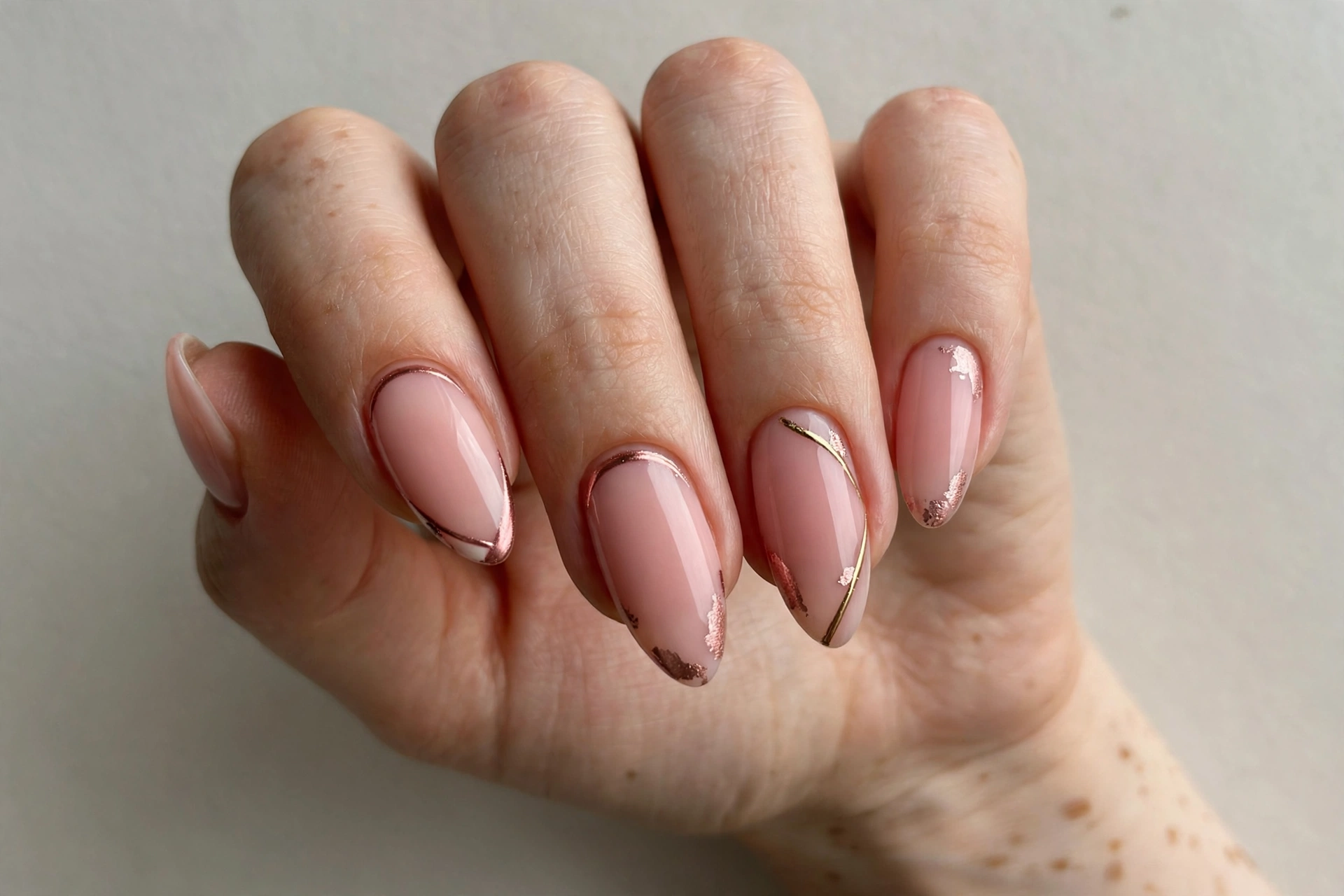 Blush pink russian almond nails with rose gold metallic accents