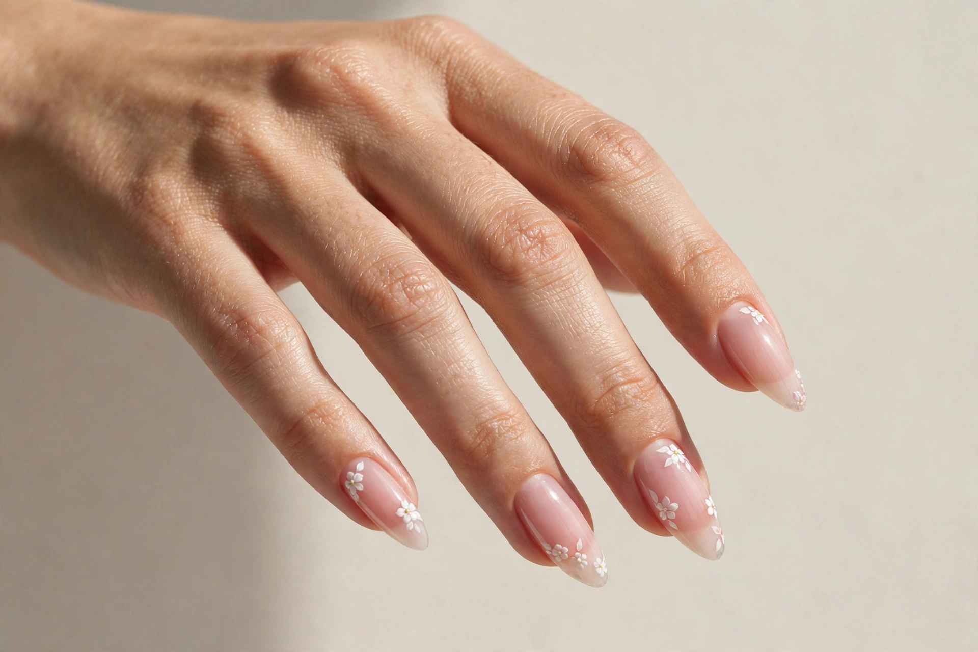 Sheer pink russian almond nails with tiny white floral nail art