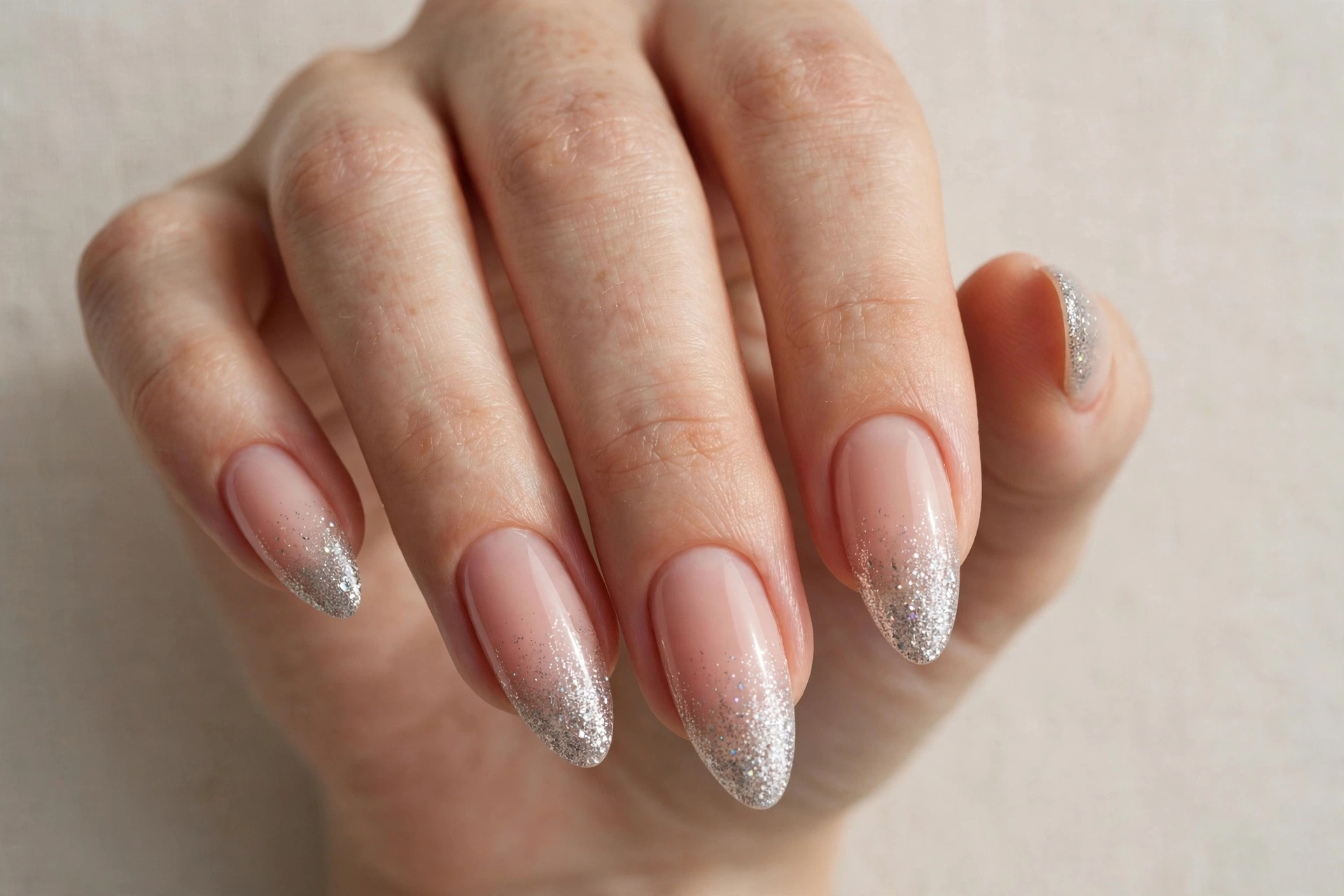 Nude russian almond nails fading into silver glitter tips