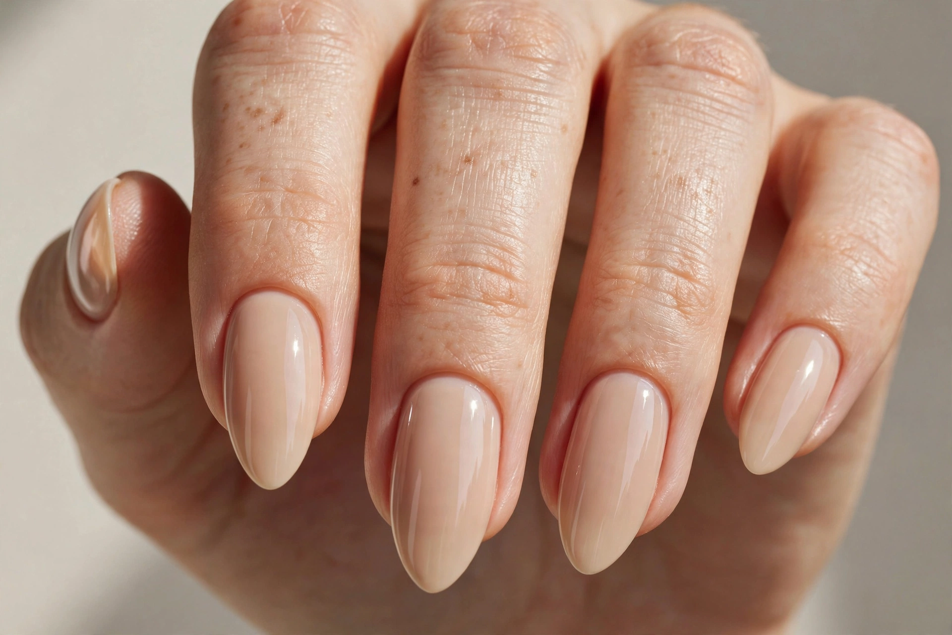 Barely-there warm beige glossy manicure on russian almond shaped nails