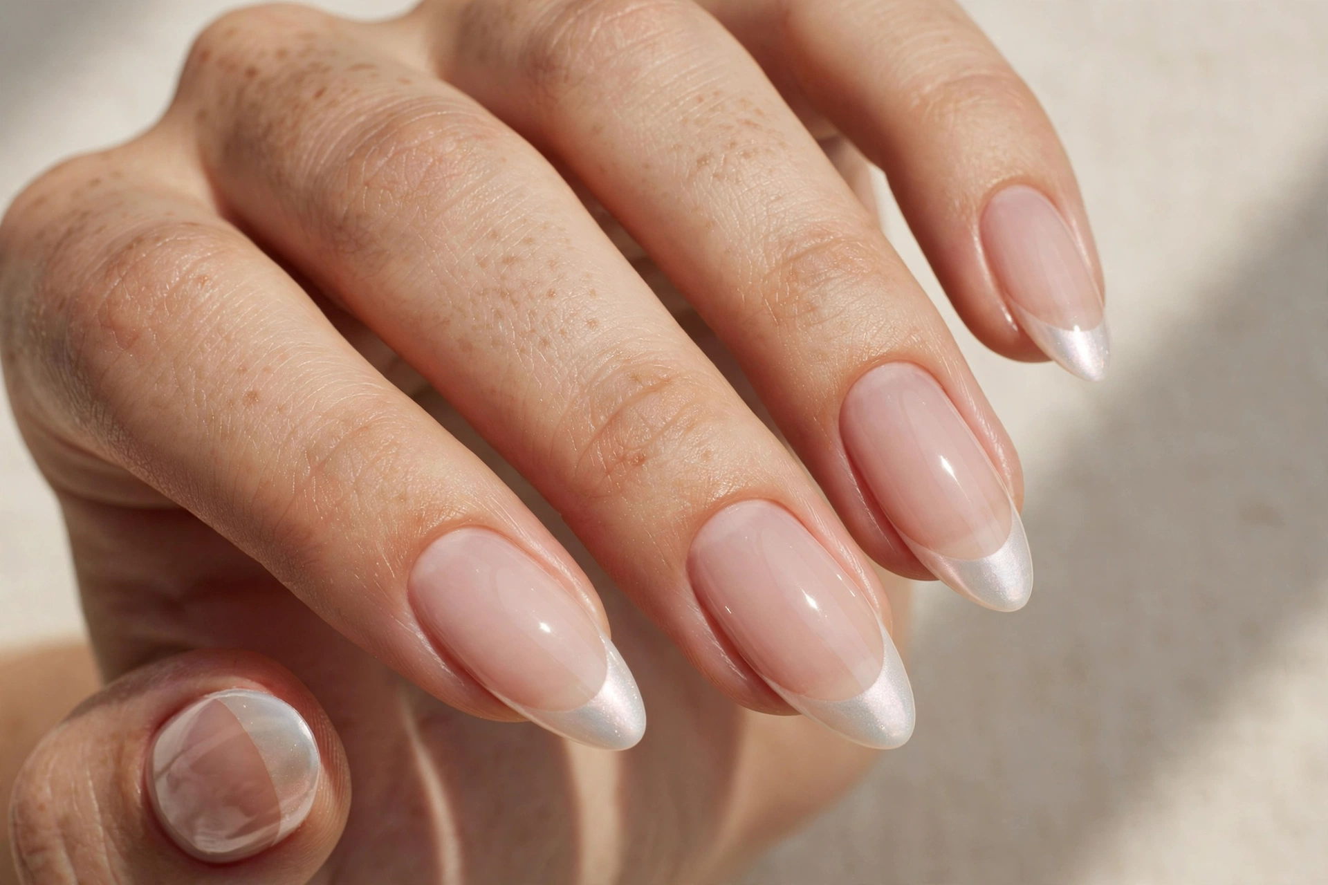 Sheer nude russian almond nails with pearl white french tips