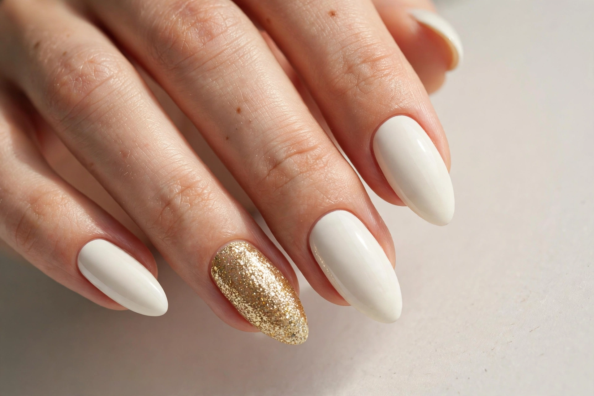 Ivory russian almond nails with one gold glitter accent nail