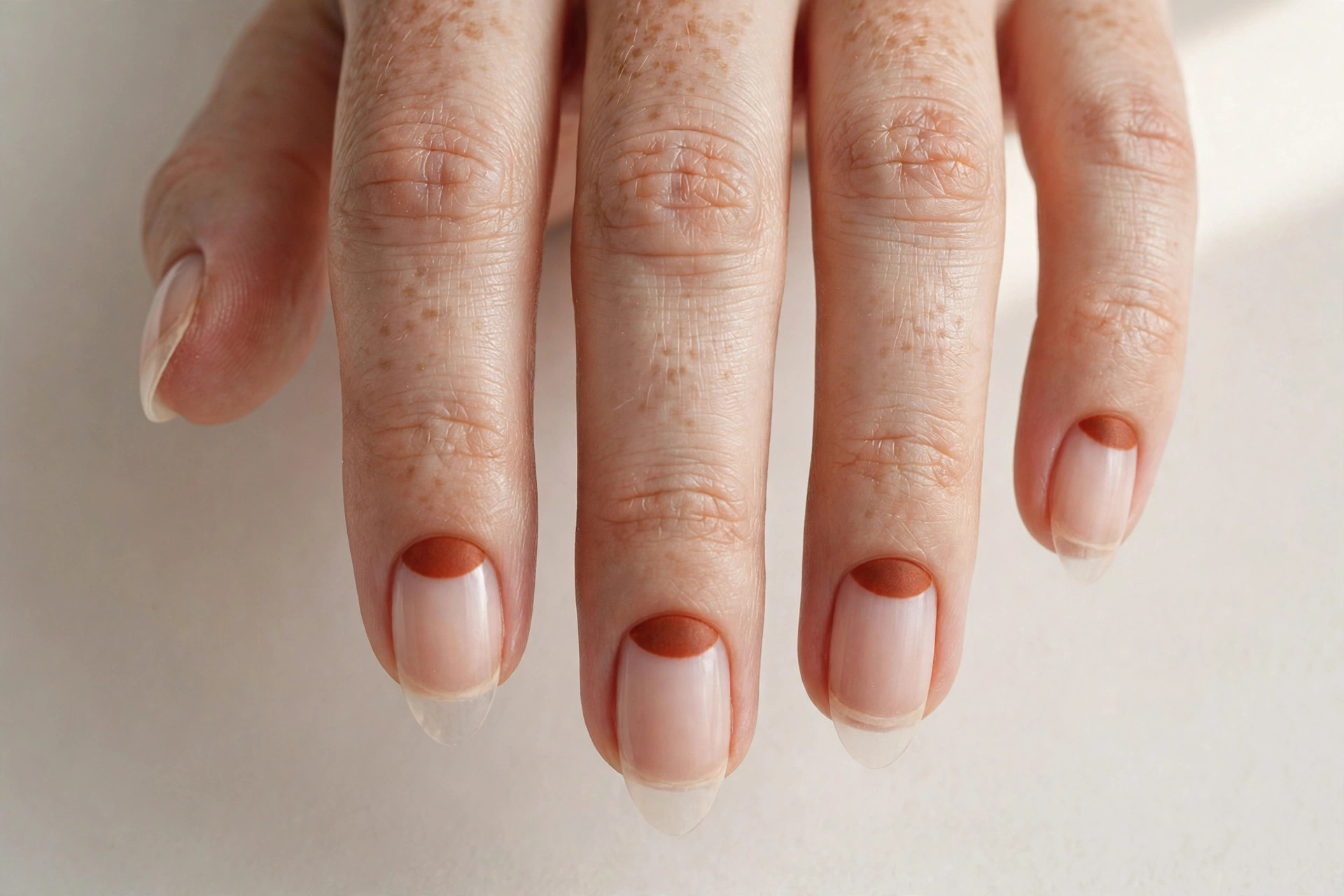Close-up of a woman's hand with rust half-moon manicure on natural nail base
