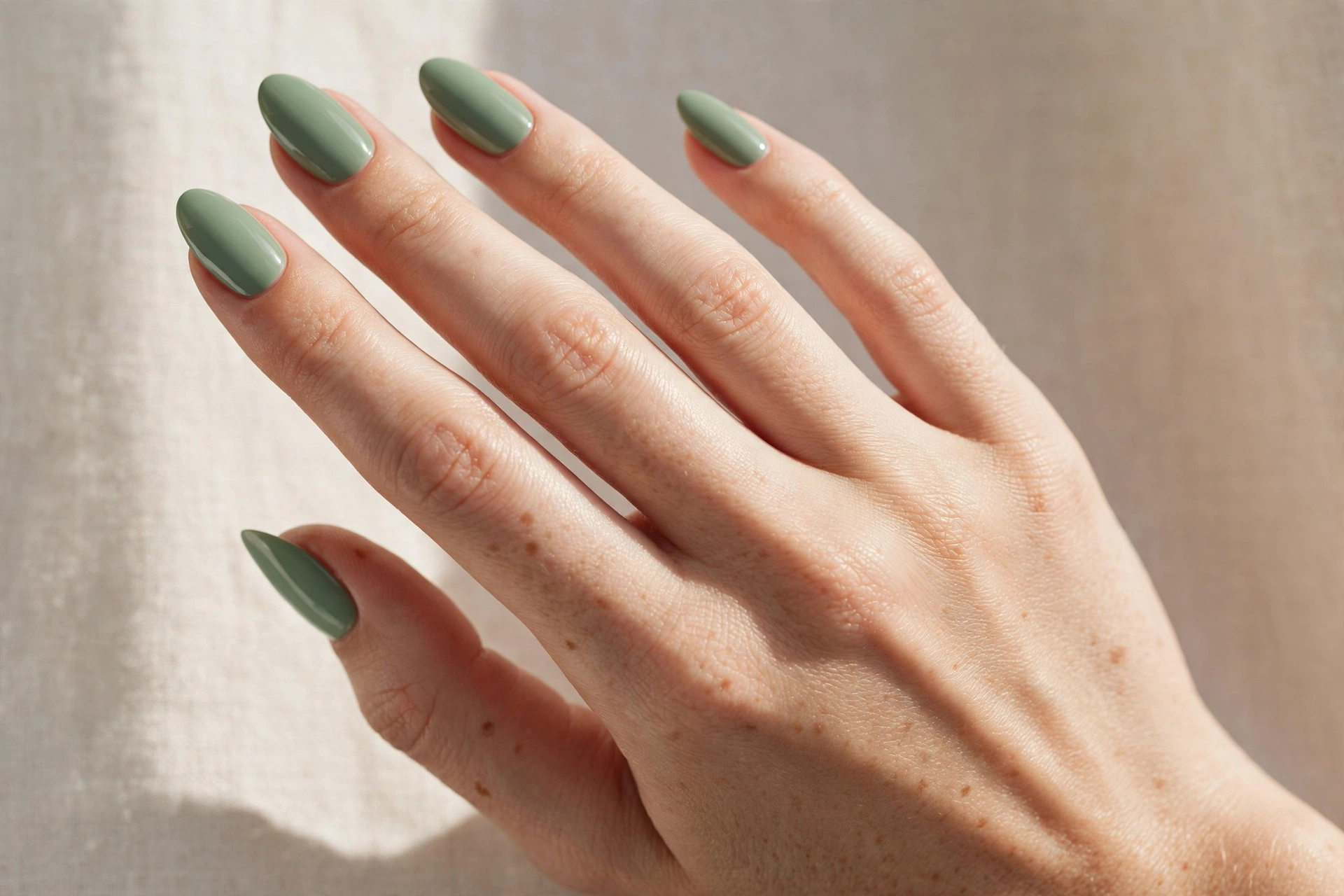 Classic solid sage green manicure with glossy finish on almond nails