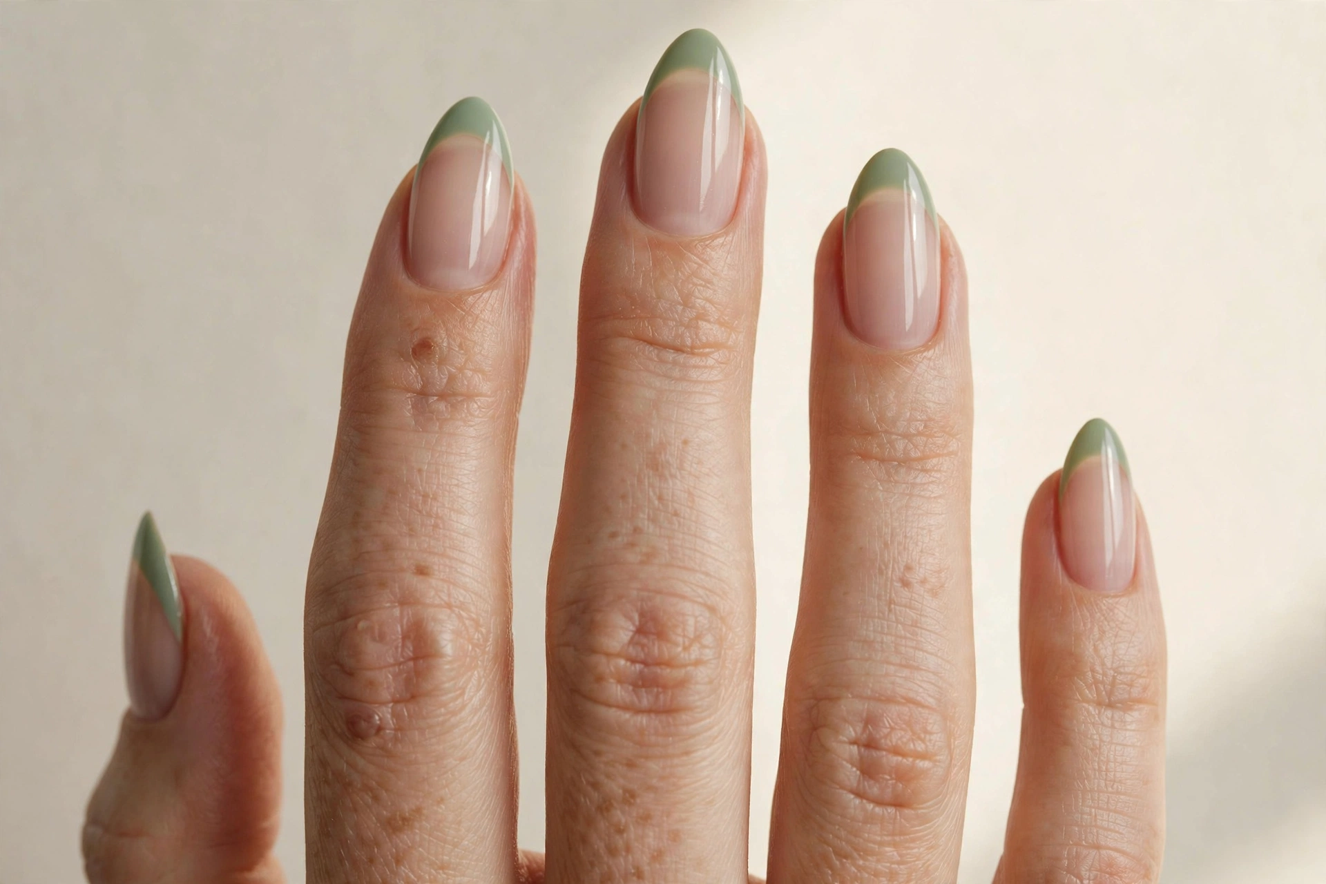 Sage green french tip manicure with soft green tips on sheer nude base