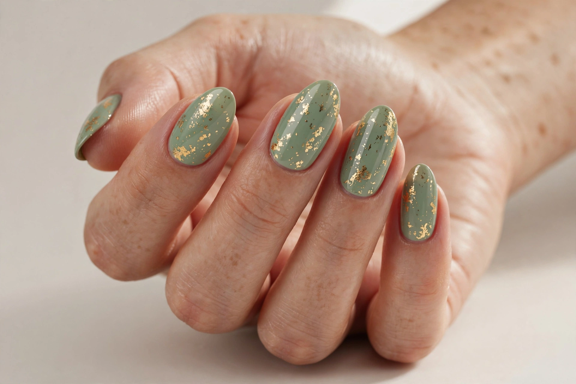 Sage green nails with delicate gold foil flake accents