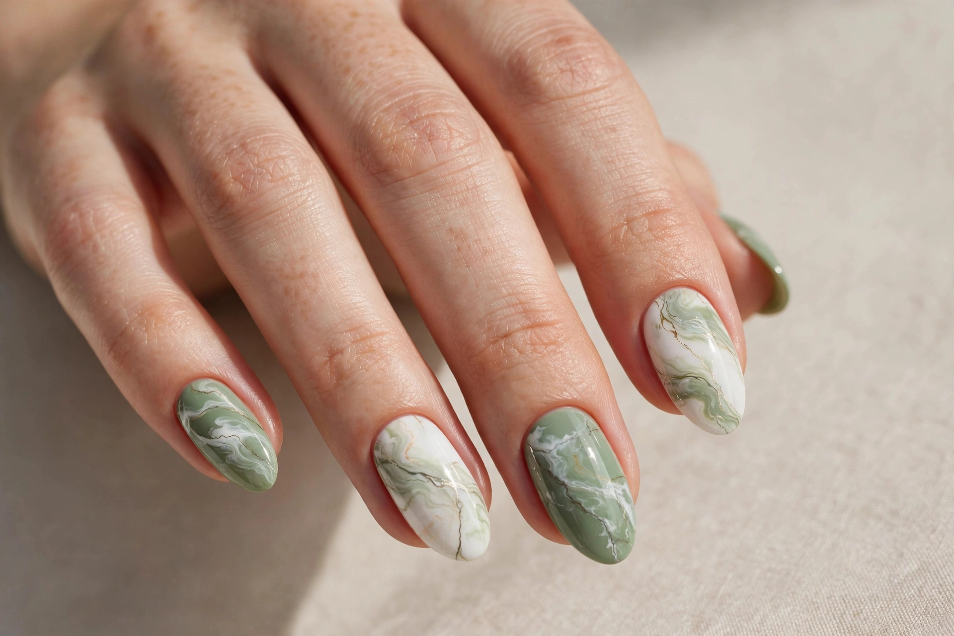 Sage green and white marble swirl nail art with elegant stone veining