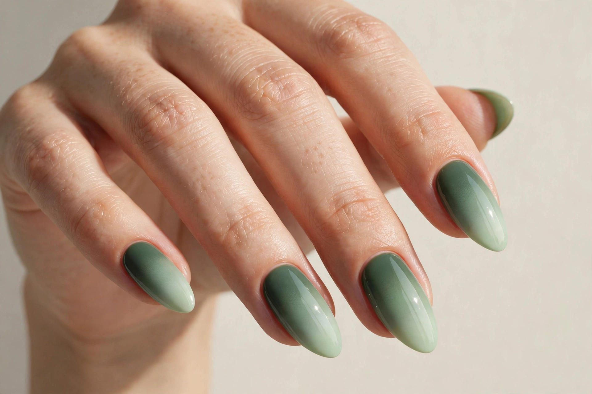 Sage green ombre fade manicure blending deep sage into pale mint