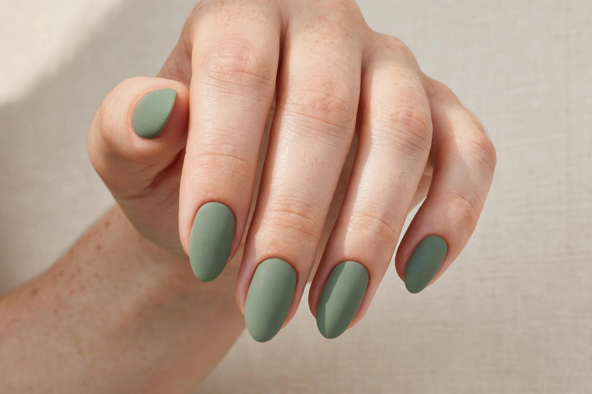 Matte sage green manicure with velvety non-shiny finish