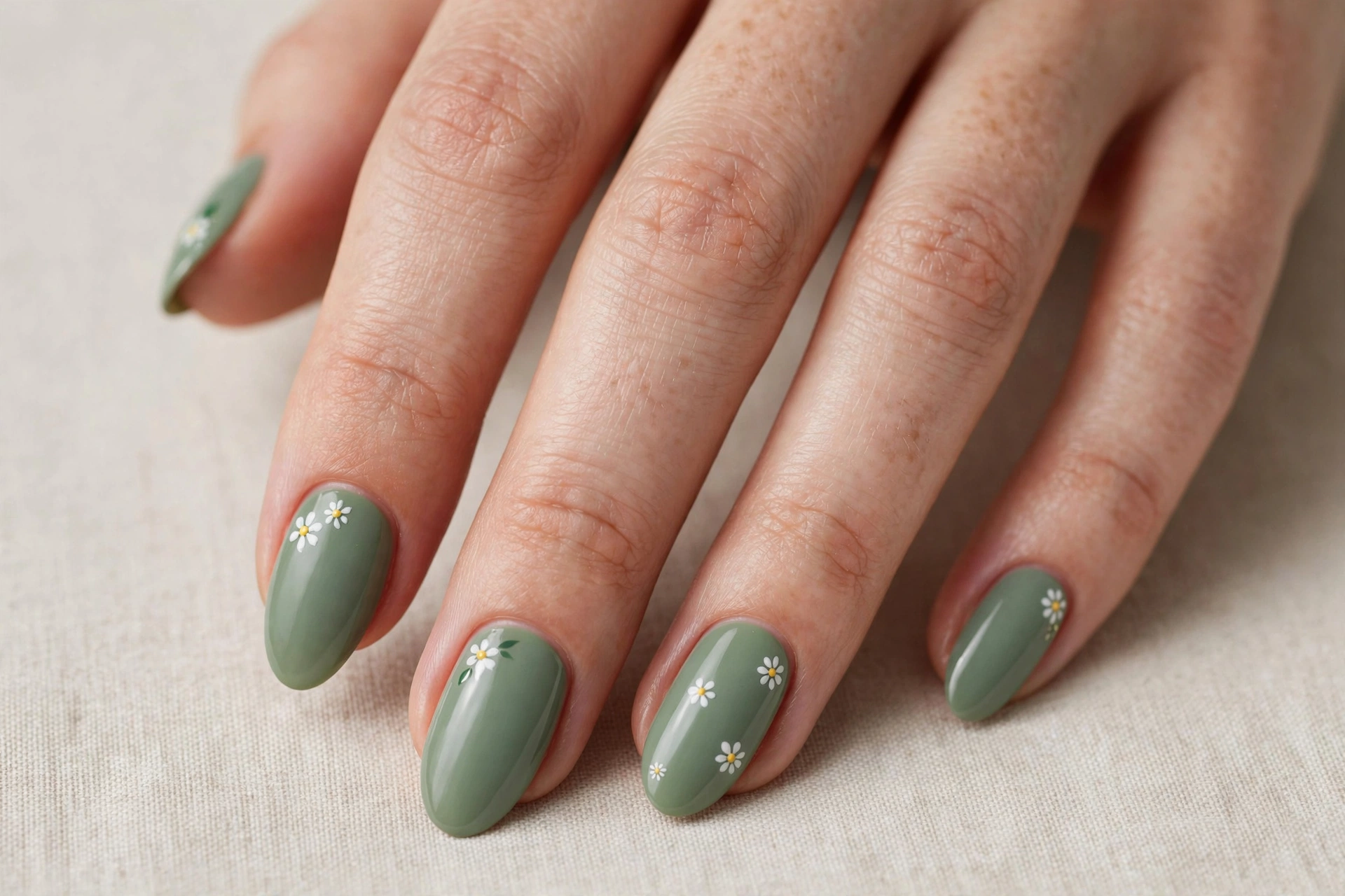 Sage green nails with tiny hand-painted white daisy floral nail art