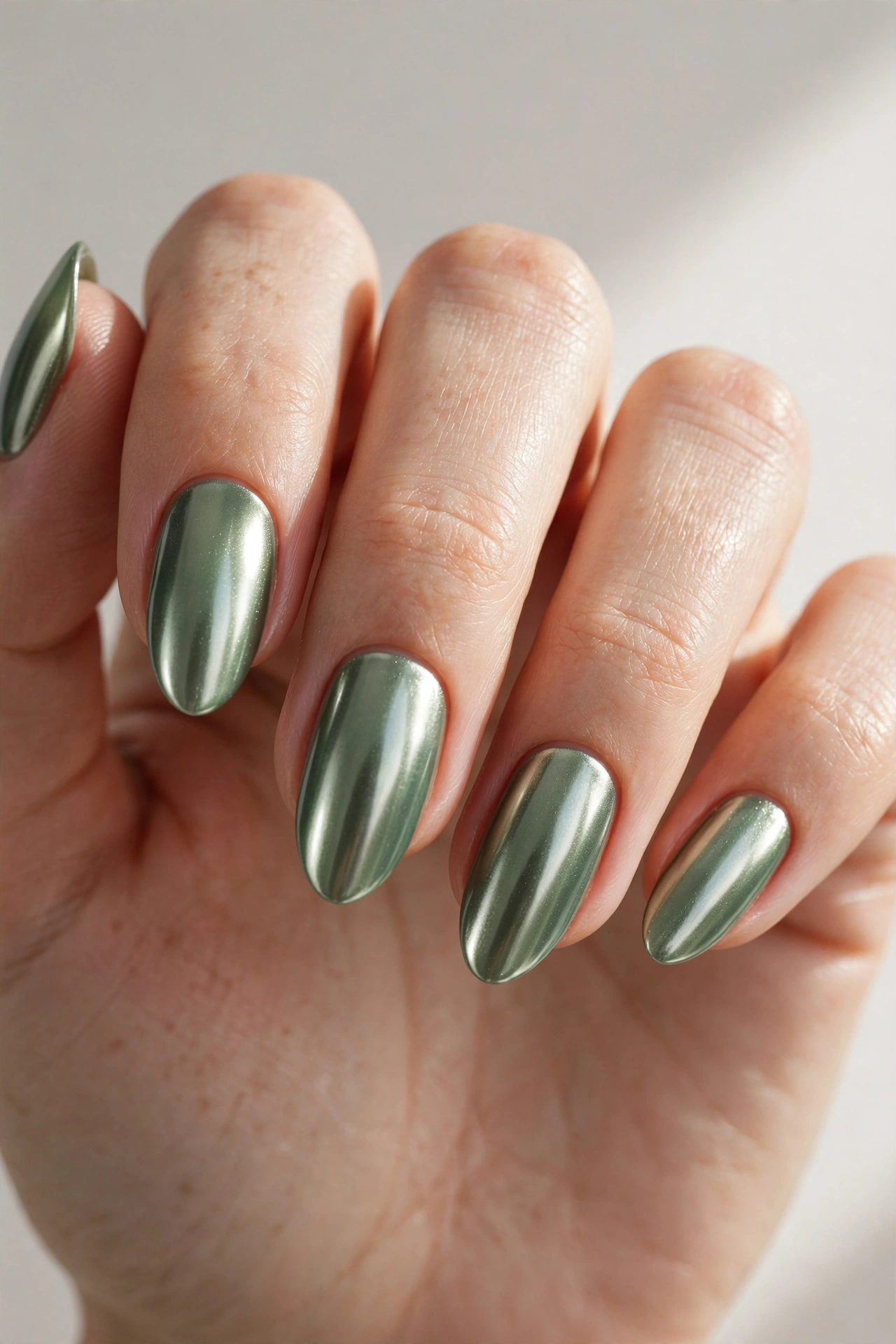 Sage green chrome manicure with mirror-like metallic finish