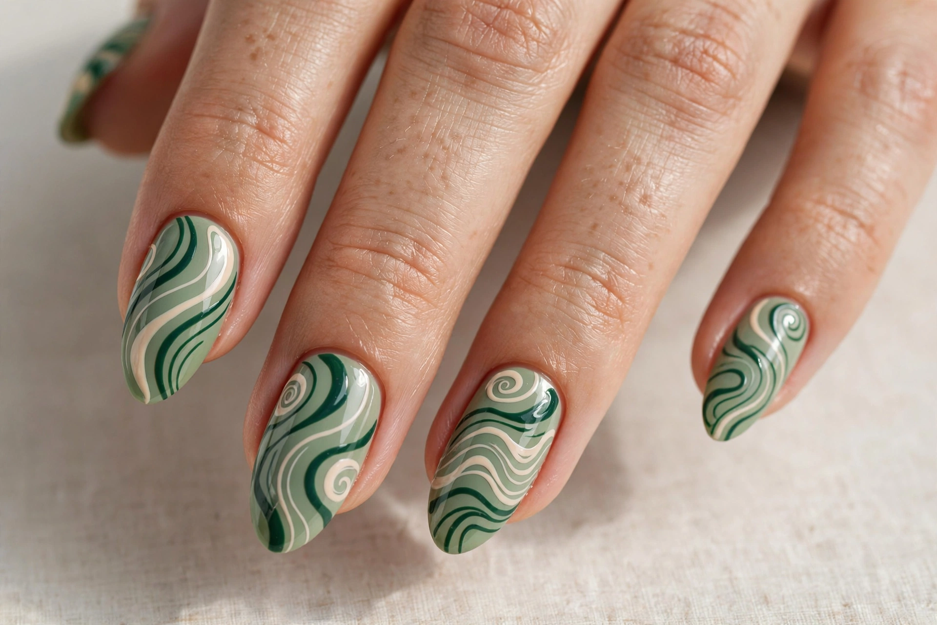 Sage green nails with abstract wavy swirl line art in deep green and cream