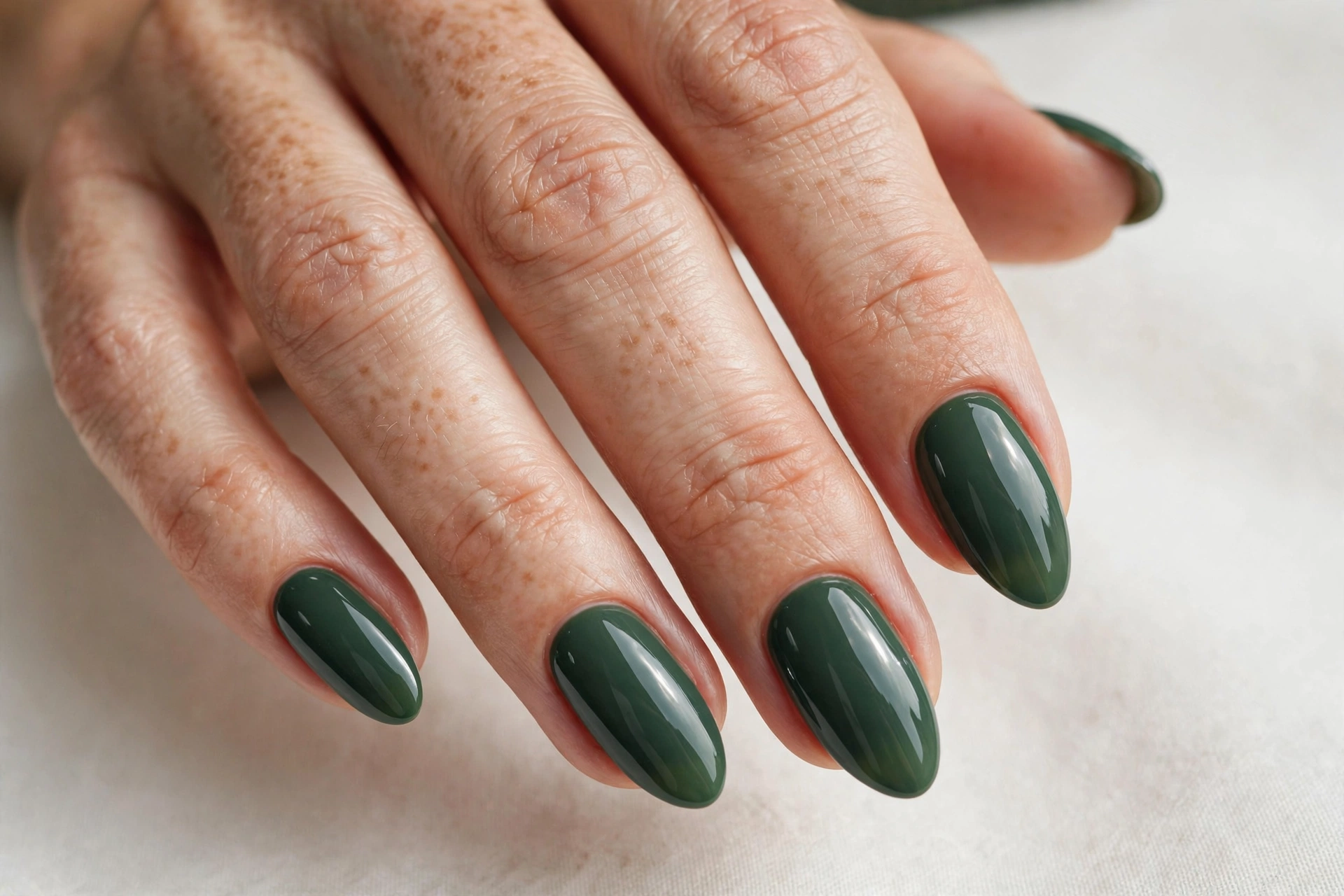 Deep forest sage green glossy manicure in rich dark green shade