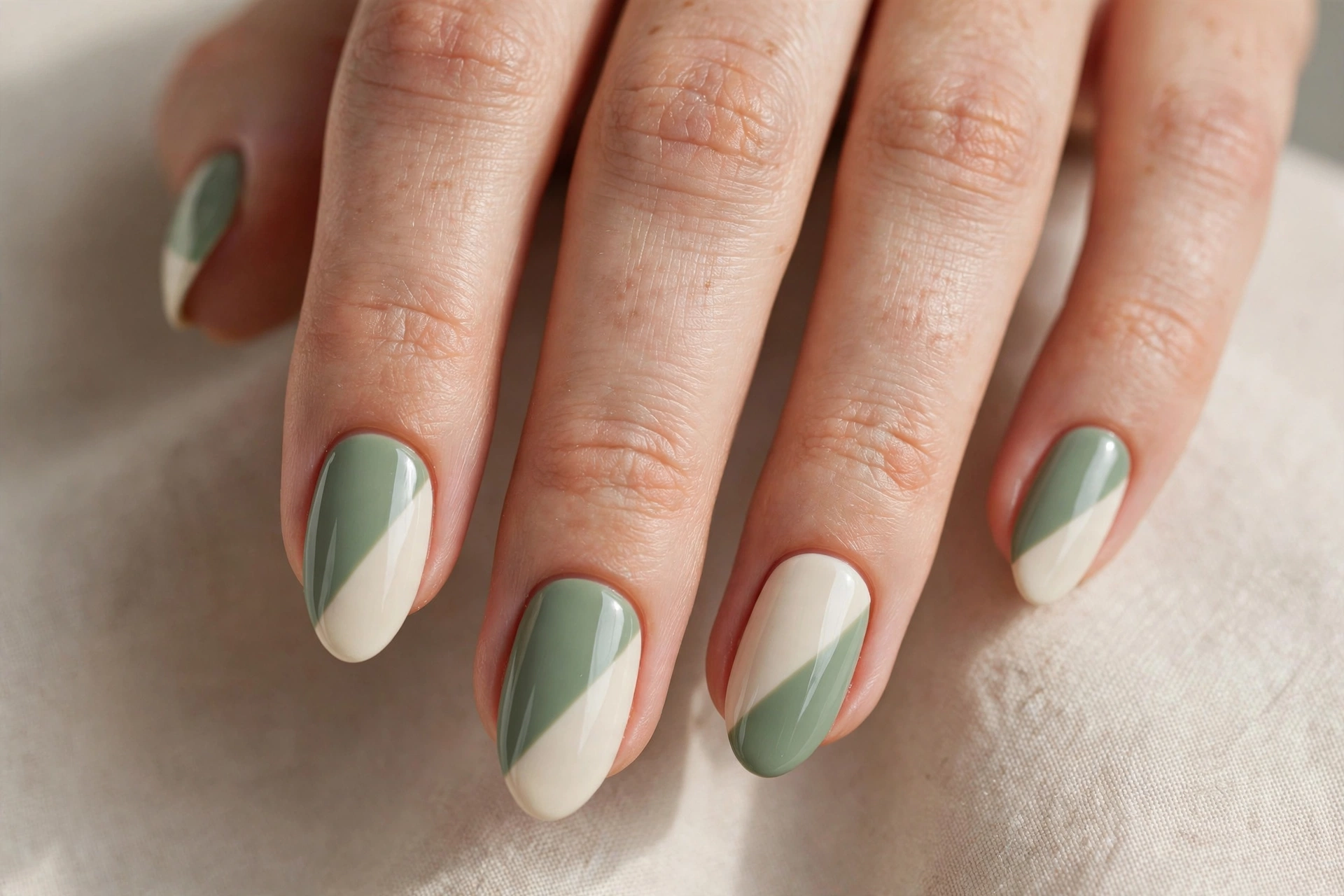 Color block manicure with half sage green and half cream split diagonally
