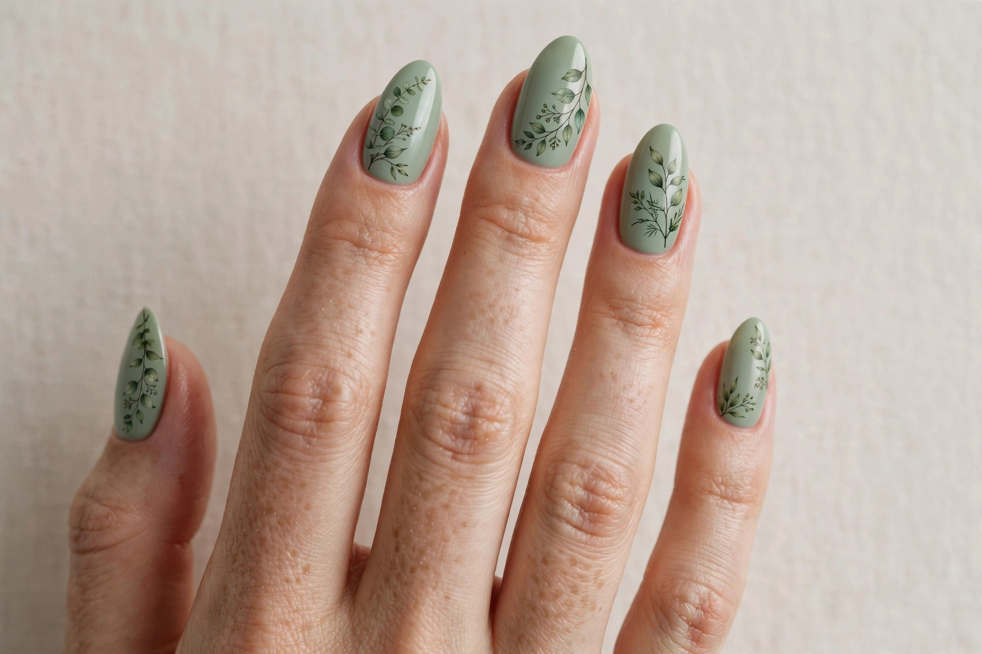 Sage green nails with delicate botanical eucalyptus leaf nail art