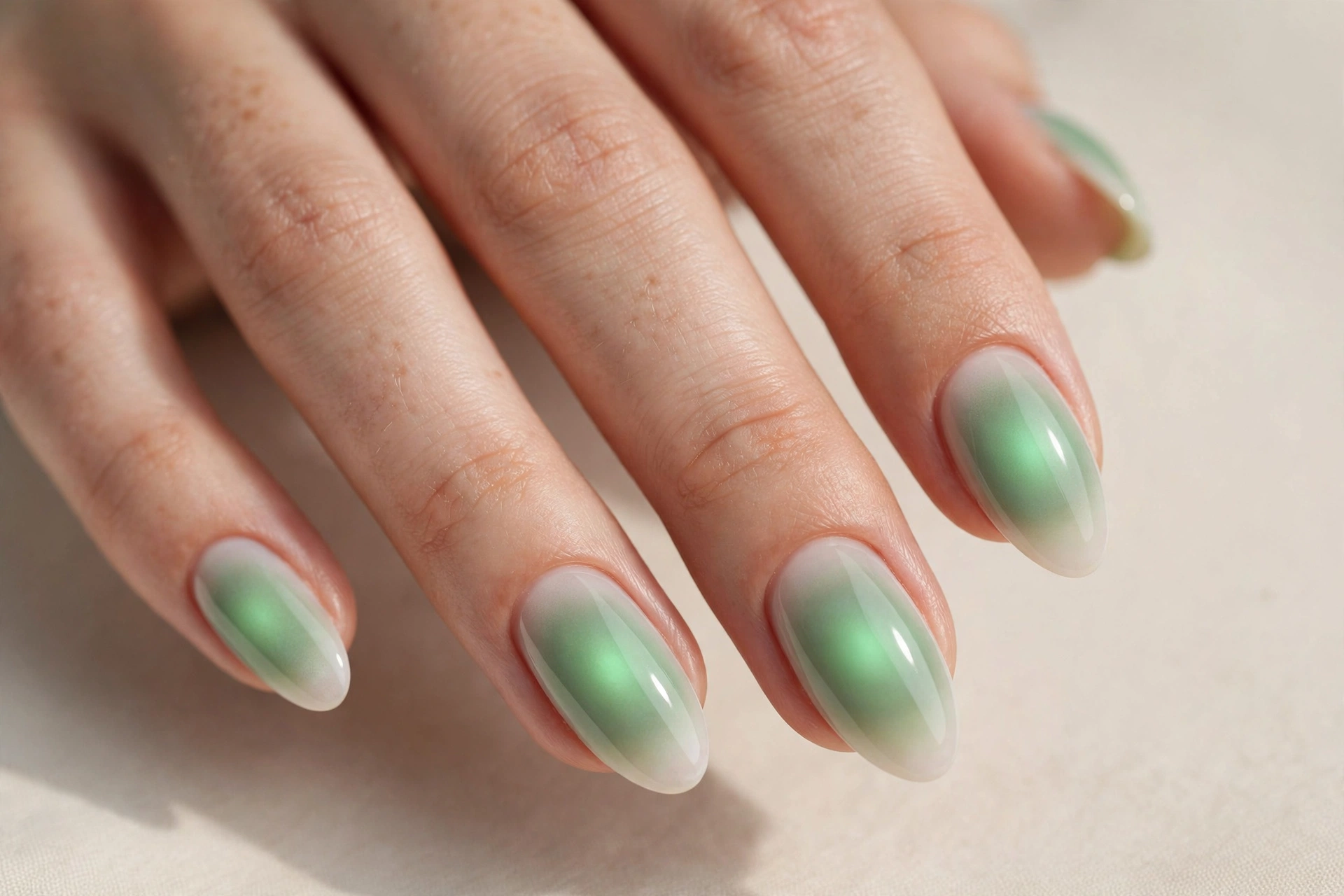 Sage green aura nails with soft glowing green halo in the center