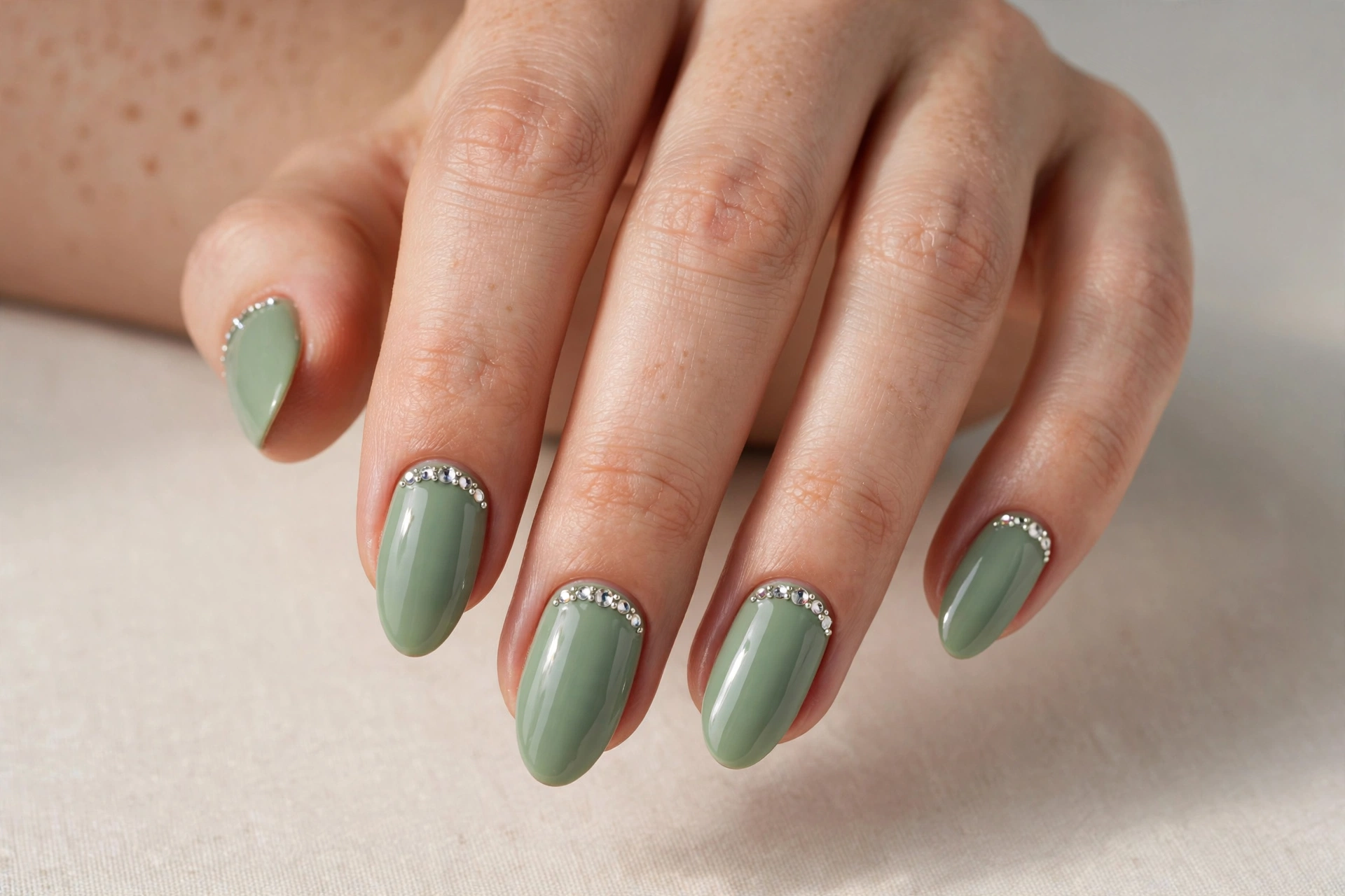 Sage green nails decorated with small sparkling rhinestone crystals along the cuticle