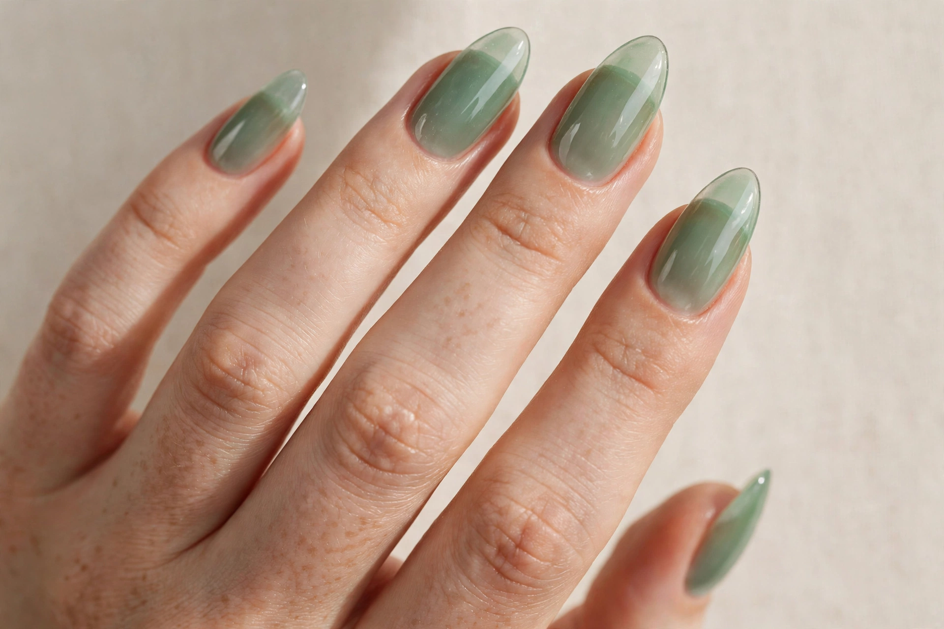 Translucent sage green jelly nails with sheer glass-like finish
