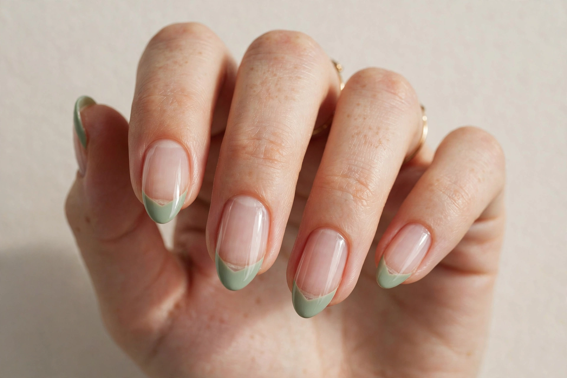 Negative space manicure with soft sage green tips on clear natural nail base