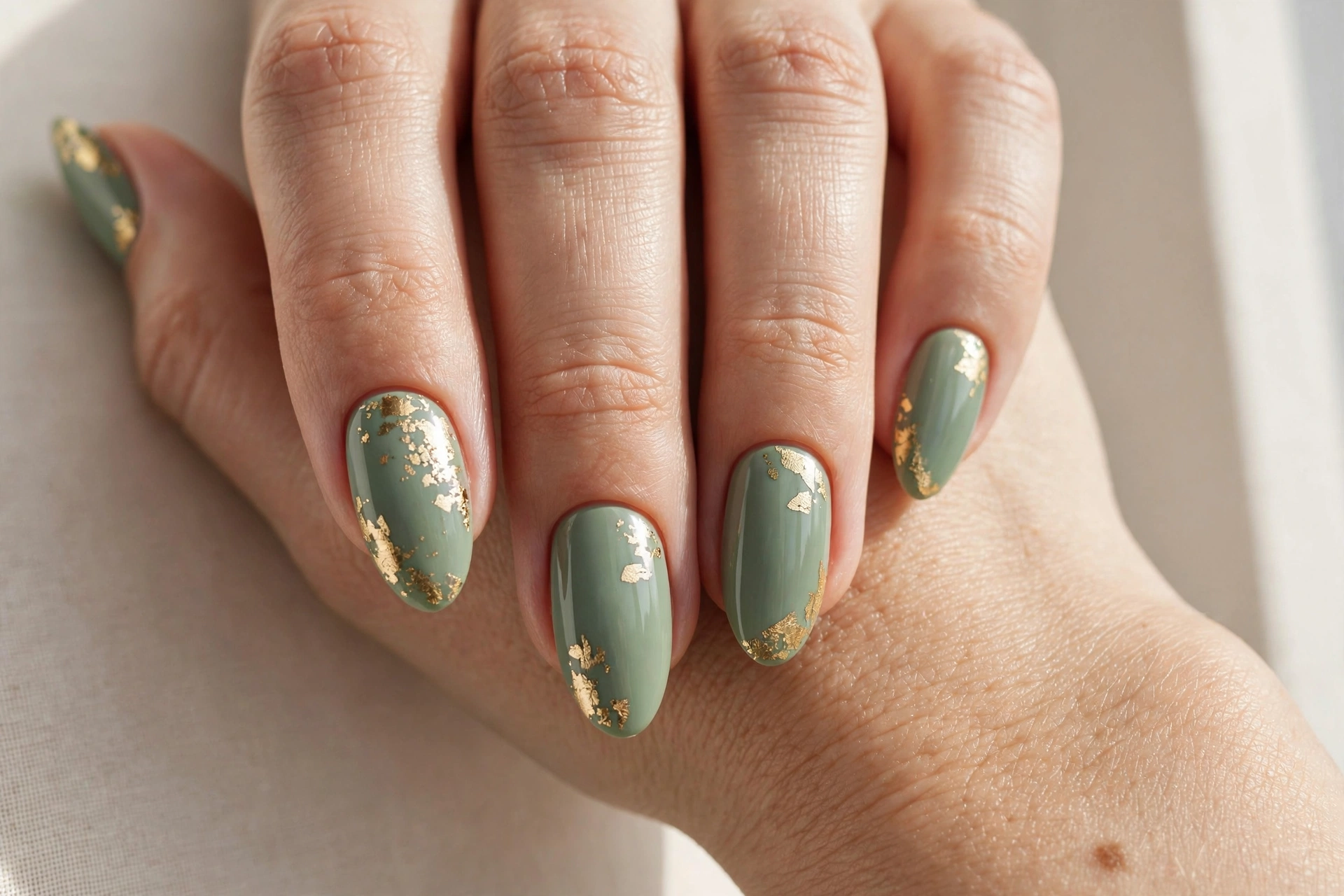 Calming sage green manicure with delicate gold leaf details on almond nails