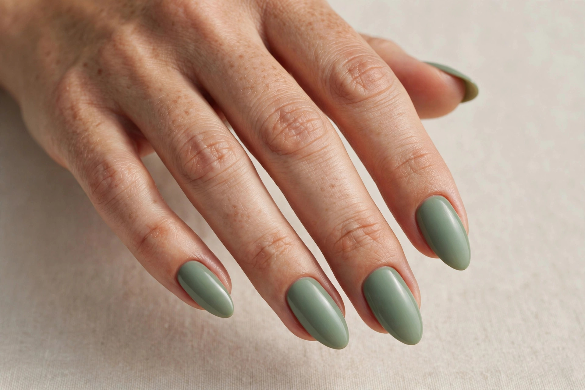 Close-up of a woman's hand with muted sage green fall manicure