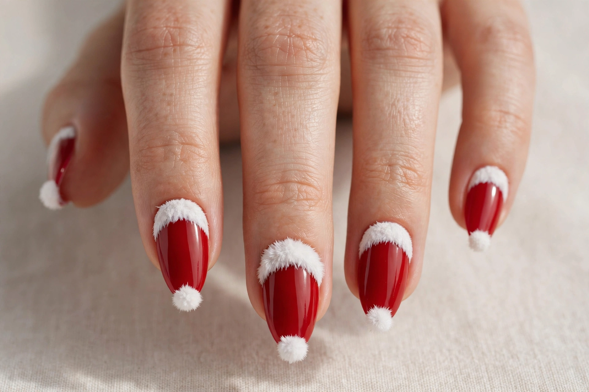 Classic red nails with white Santa hat tips on almond shaped nails