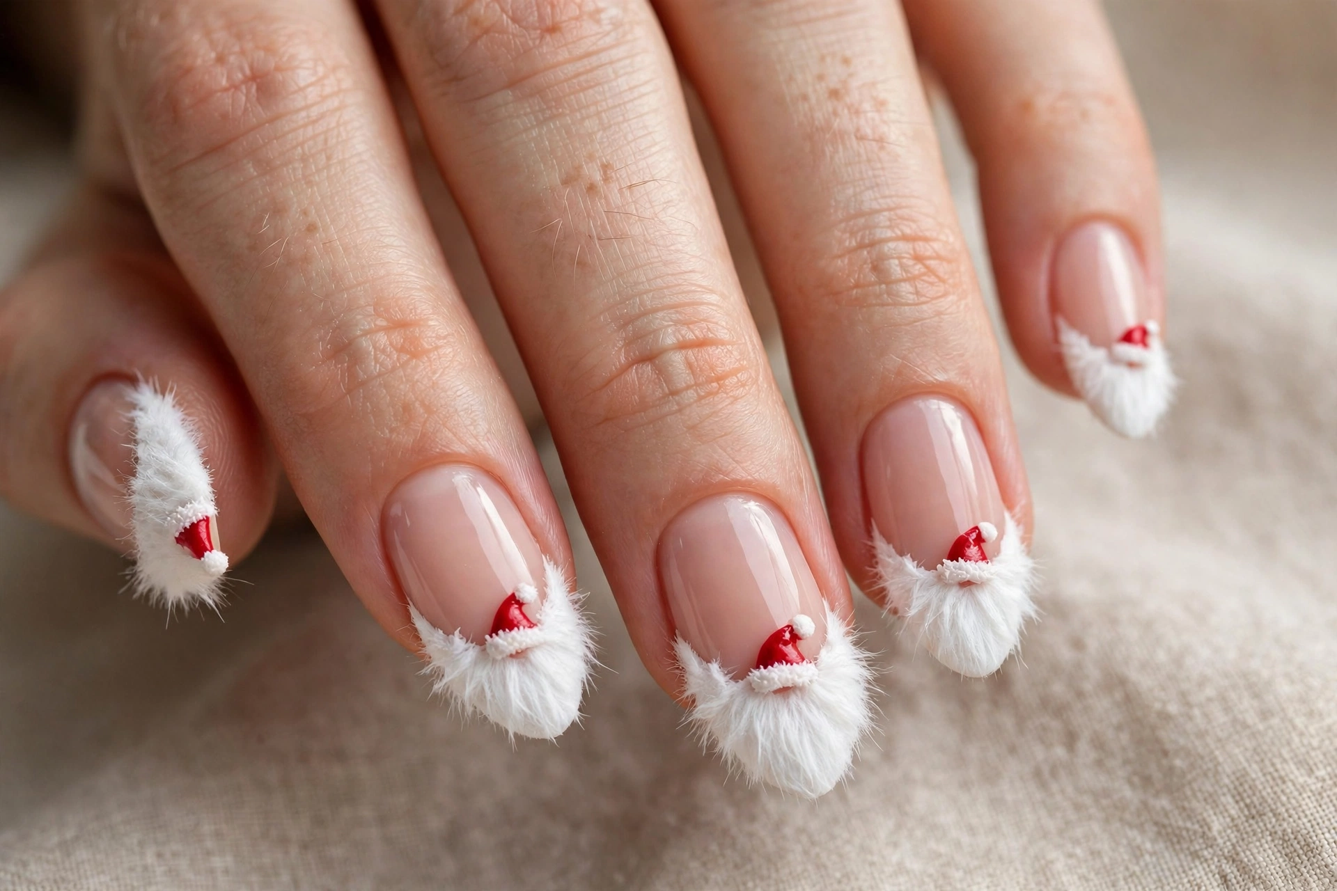 White Santa beard French tip nails with red Santa hat accents