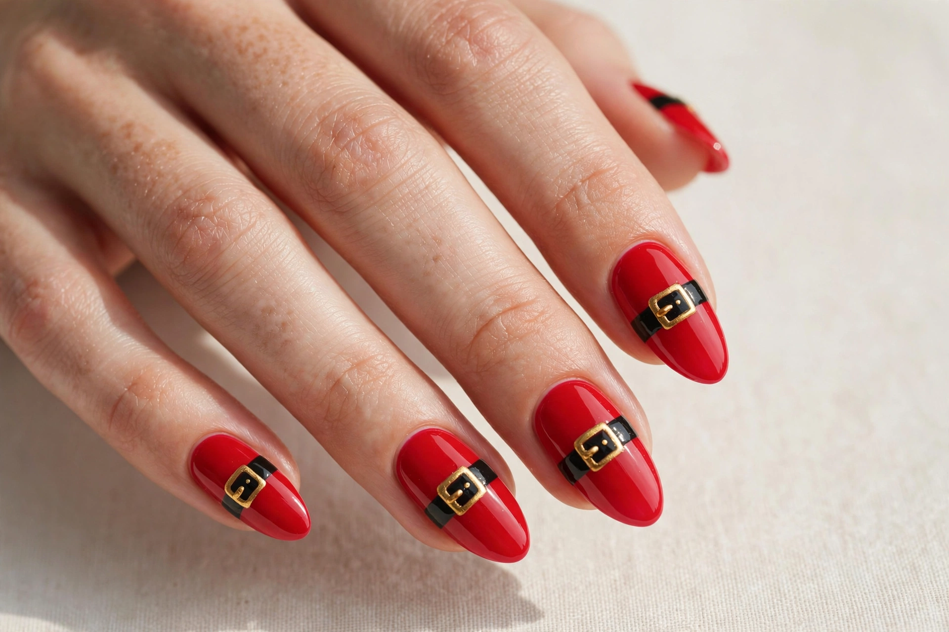 Red nails with black Santa suit belt and gold buckle detail