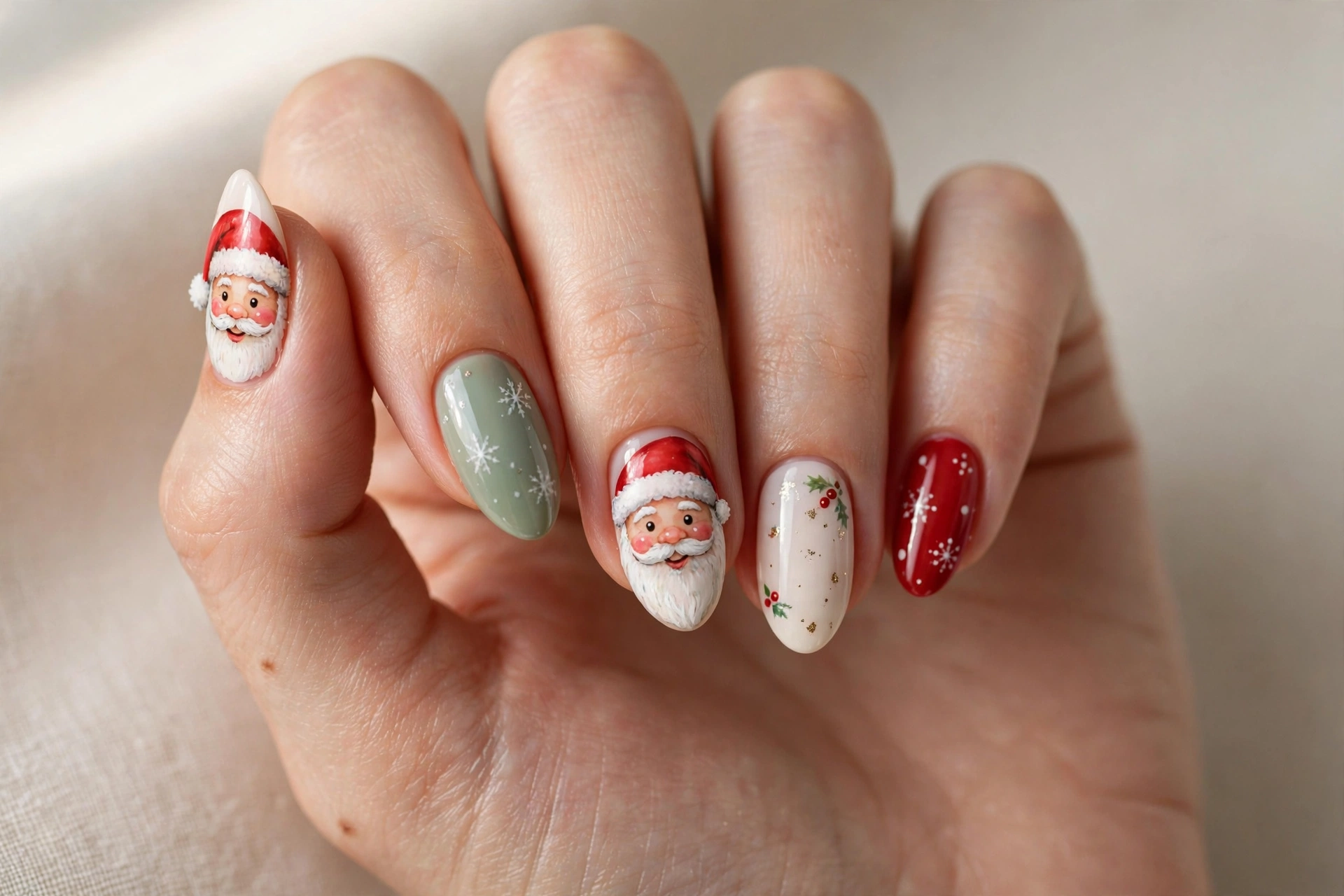 Cute hand-painted Santa faces with red hats on accent nails