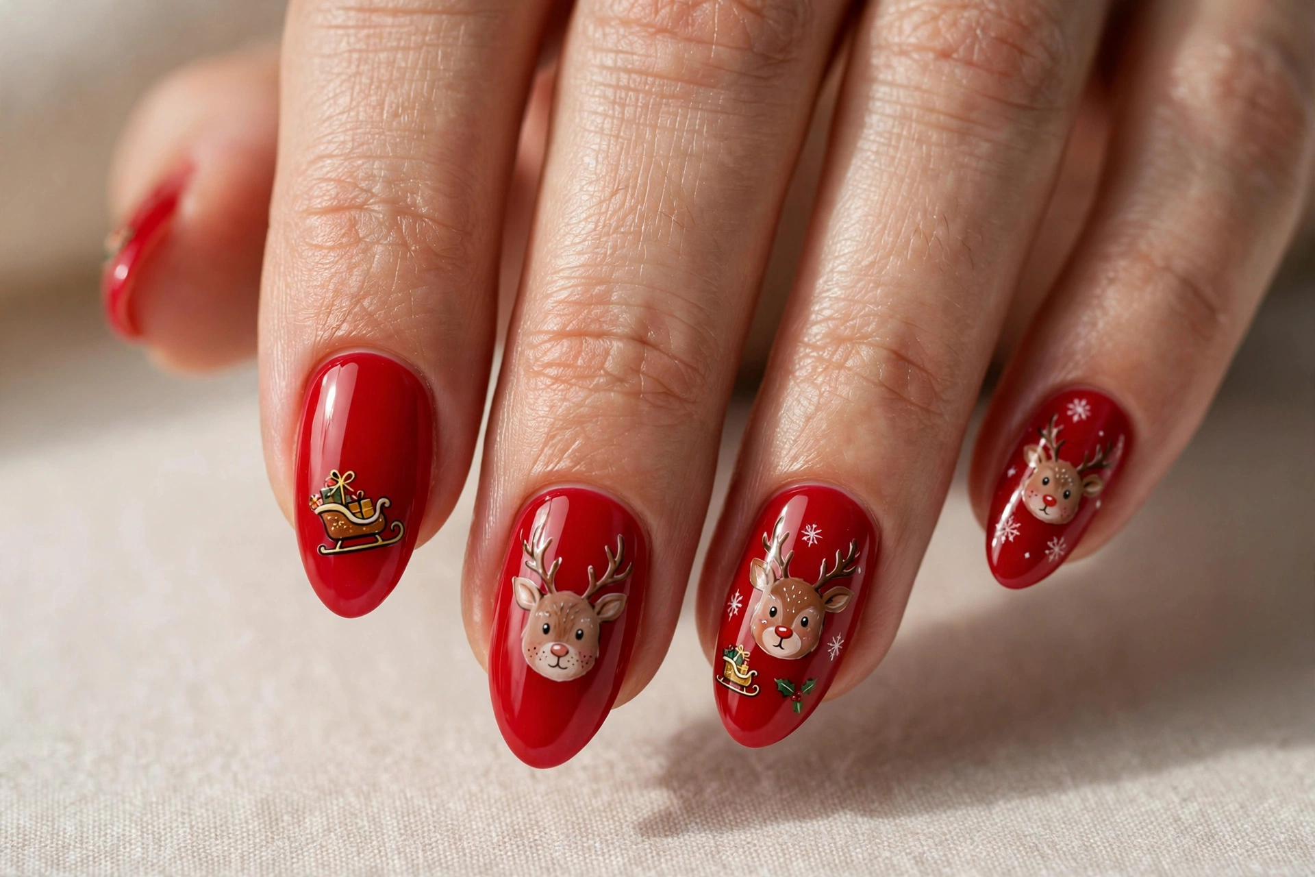 Red nails with hand-painted reindeer faces and Santa sleigh accents