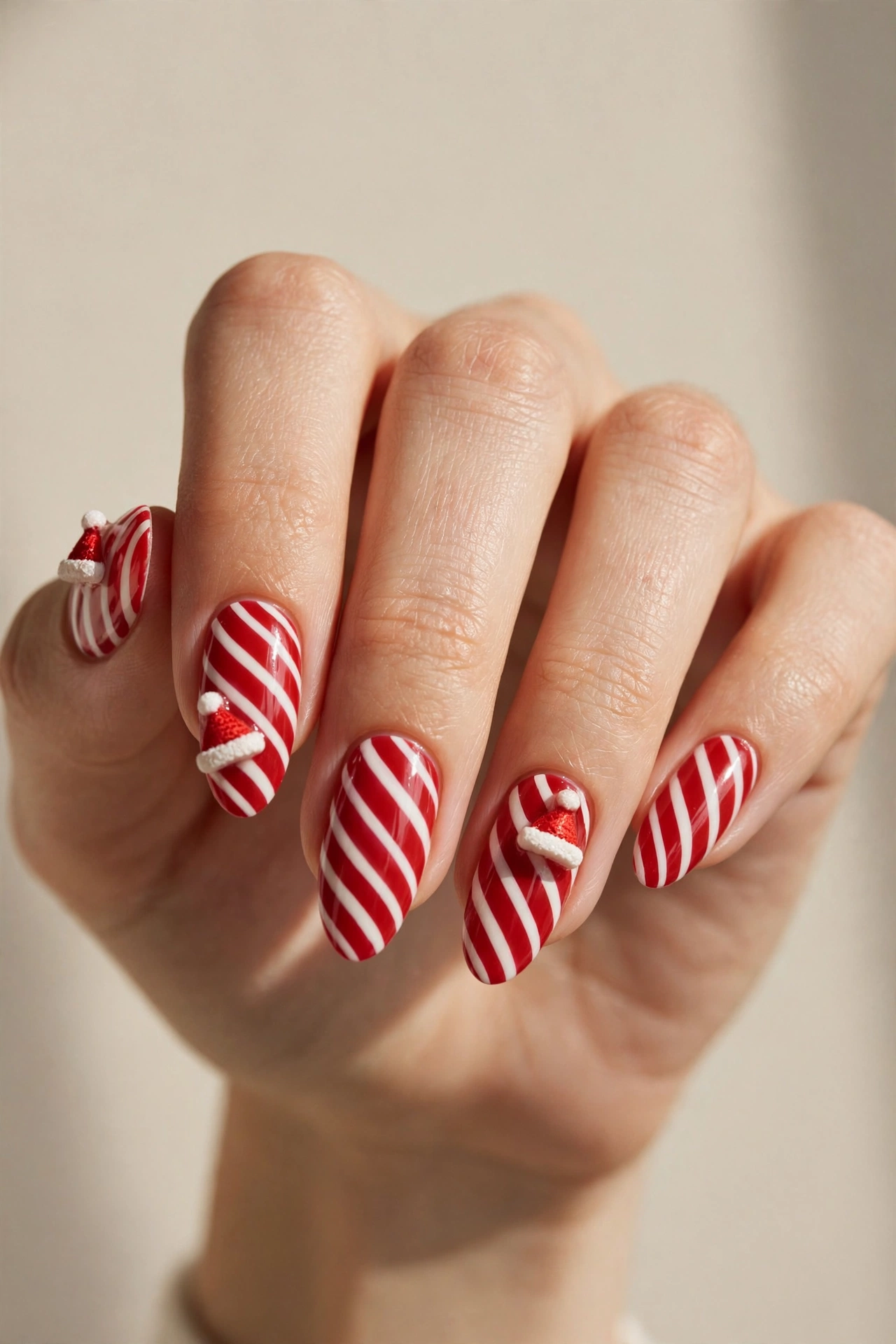 Red and white candy cane striped nails with tiny Santa hat charms