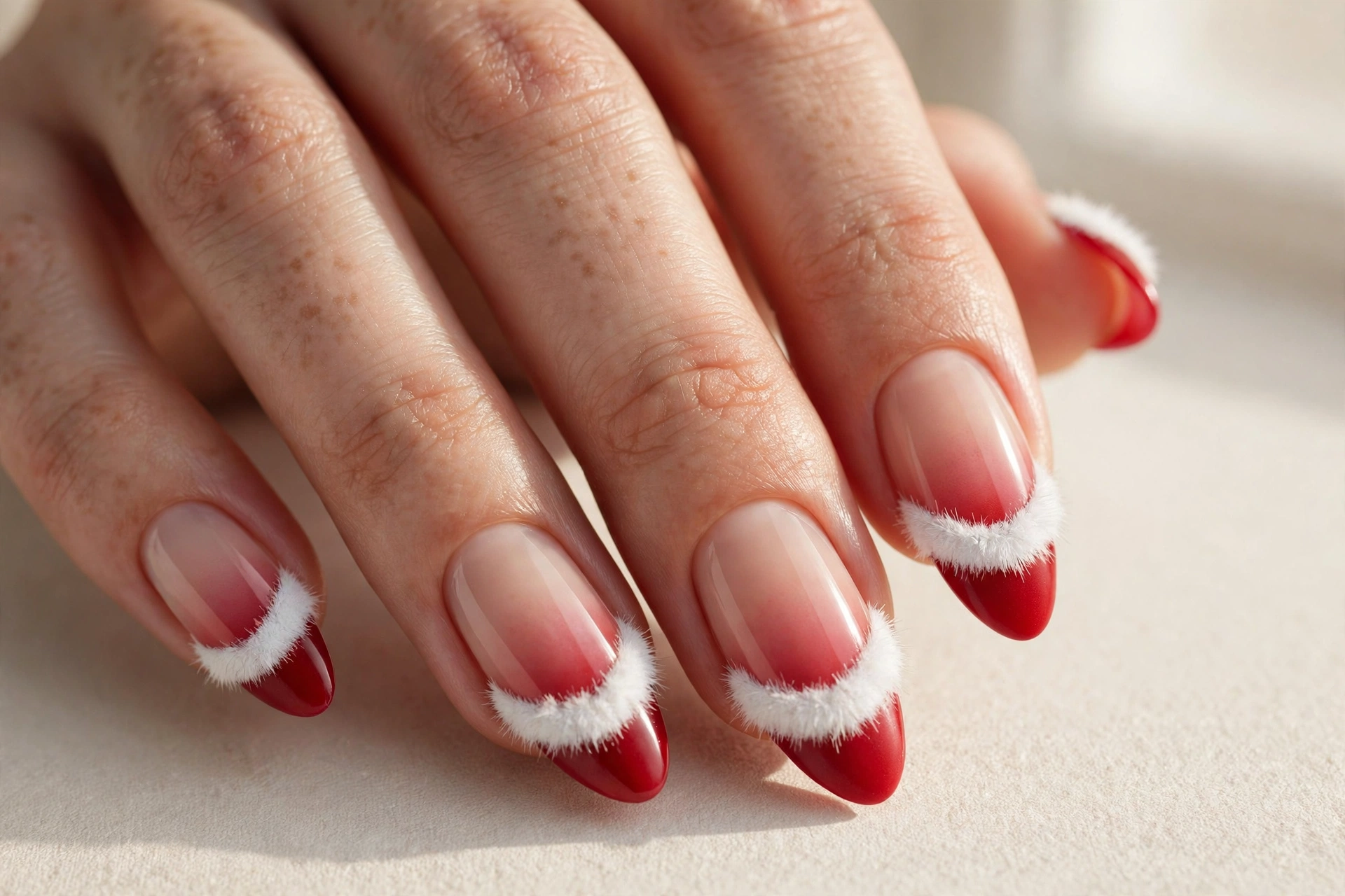 Nude to red gradient tips styled as Santa hats with white trim
