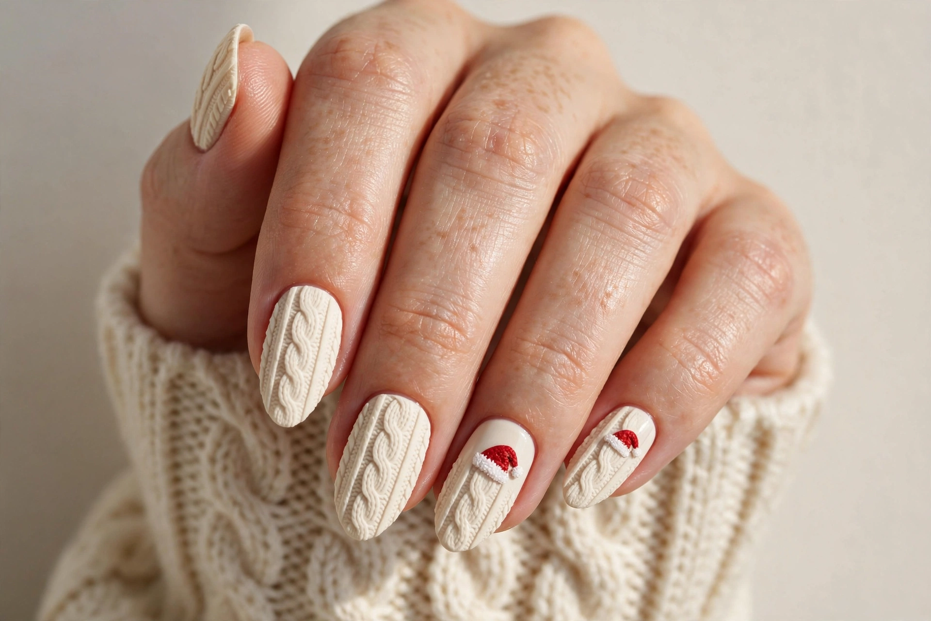 Cream cable knit sweater nails with tiny Santa hat patches
