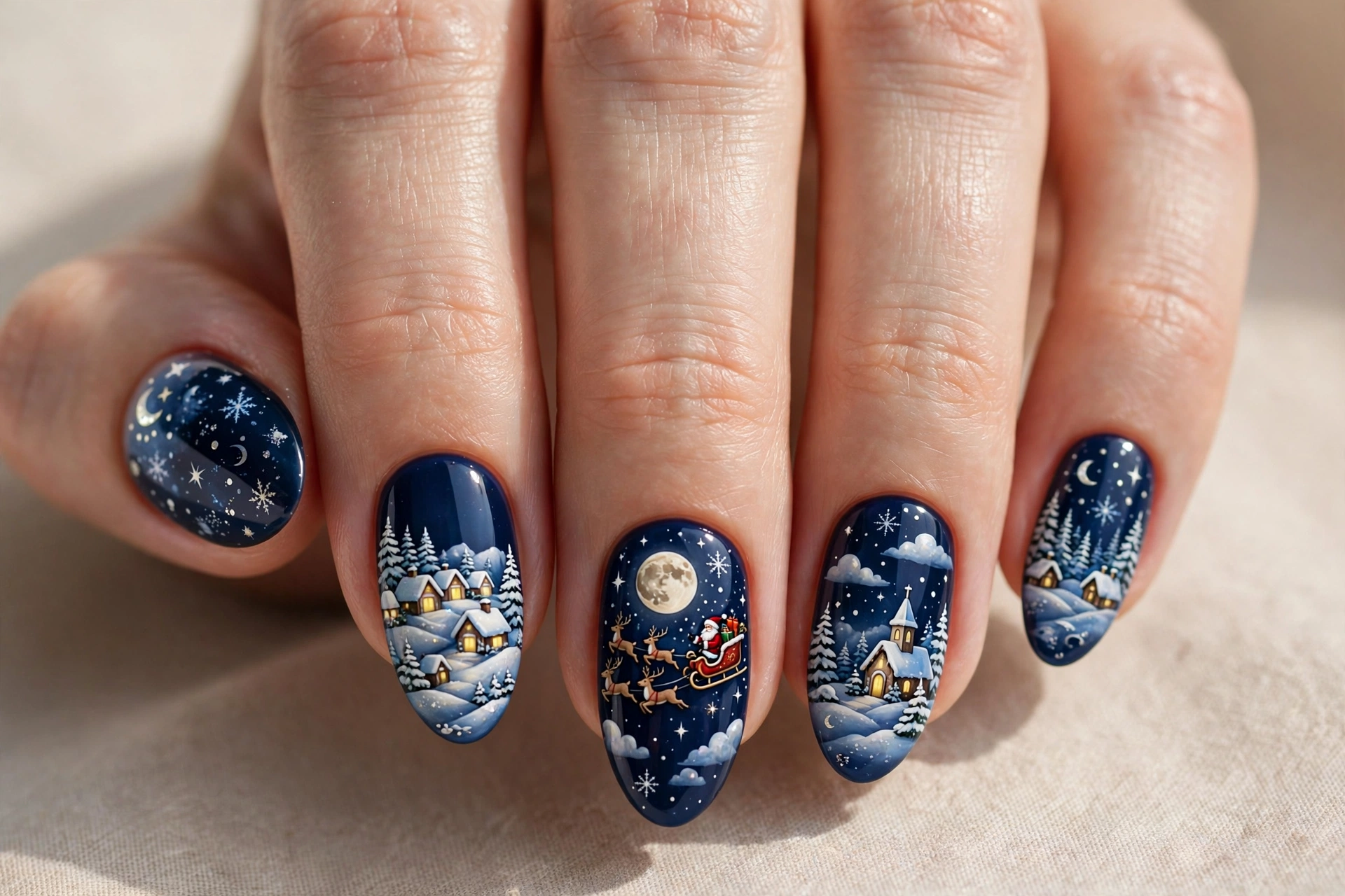 Midnight blue nails with snowy Santa village and sleigh flying over the moon