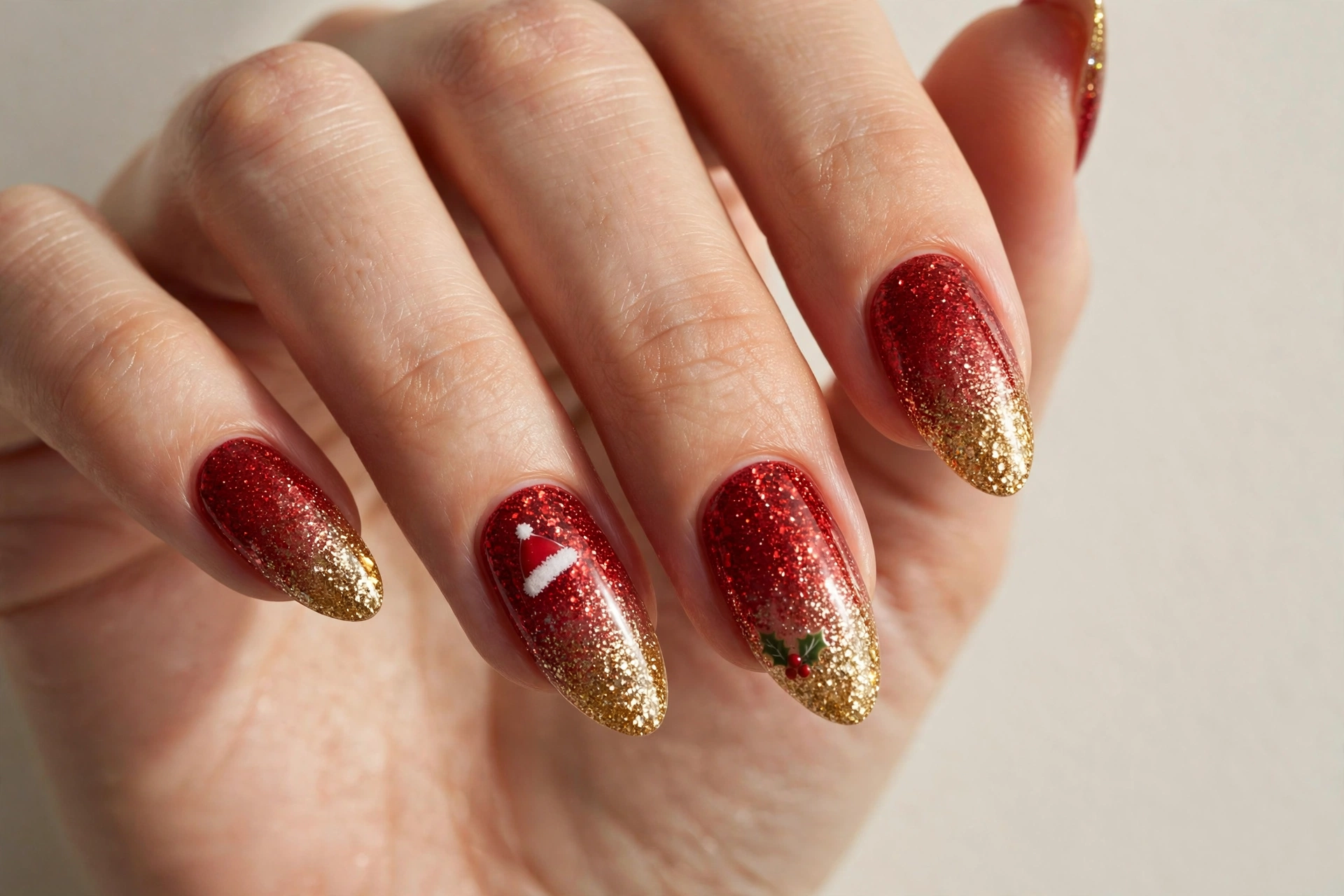 Red glitter ombre nails fading into sparkling gold tips